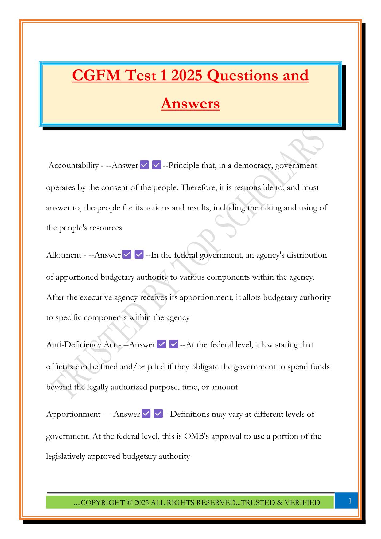 CGFM Test 1 2025 Questions and Answers