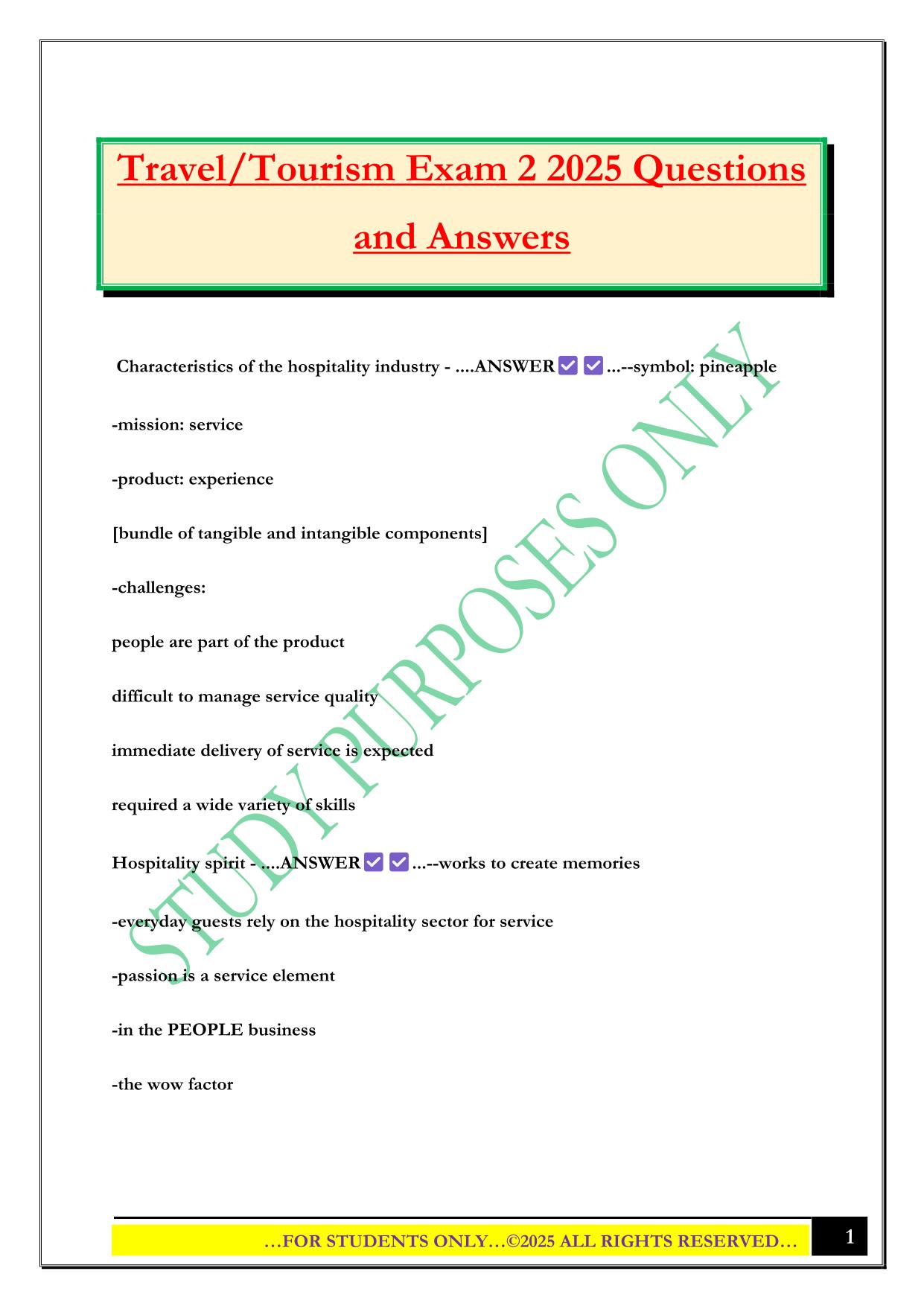 Travel/Tourism Exam 2 2025 Questions and Answers