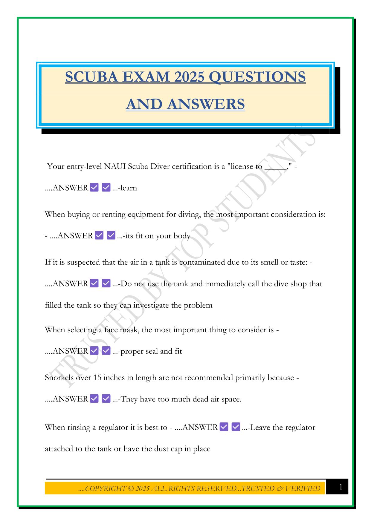 SCUBA EXAM 2025 QUESTIONS AND ANSWERS