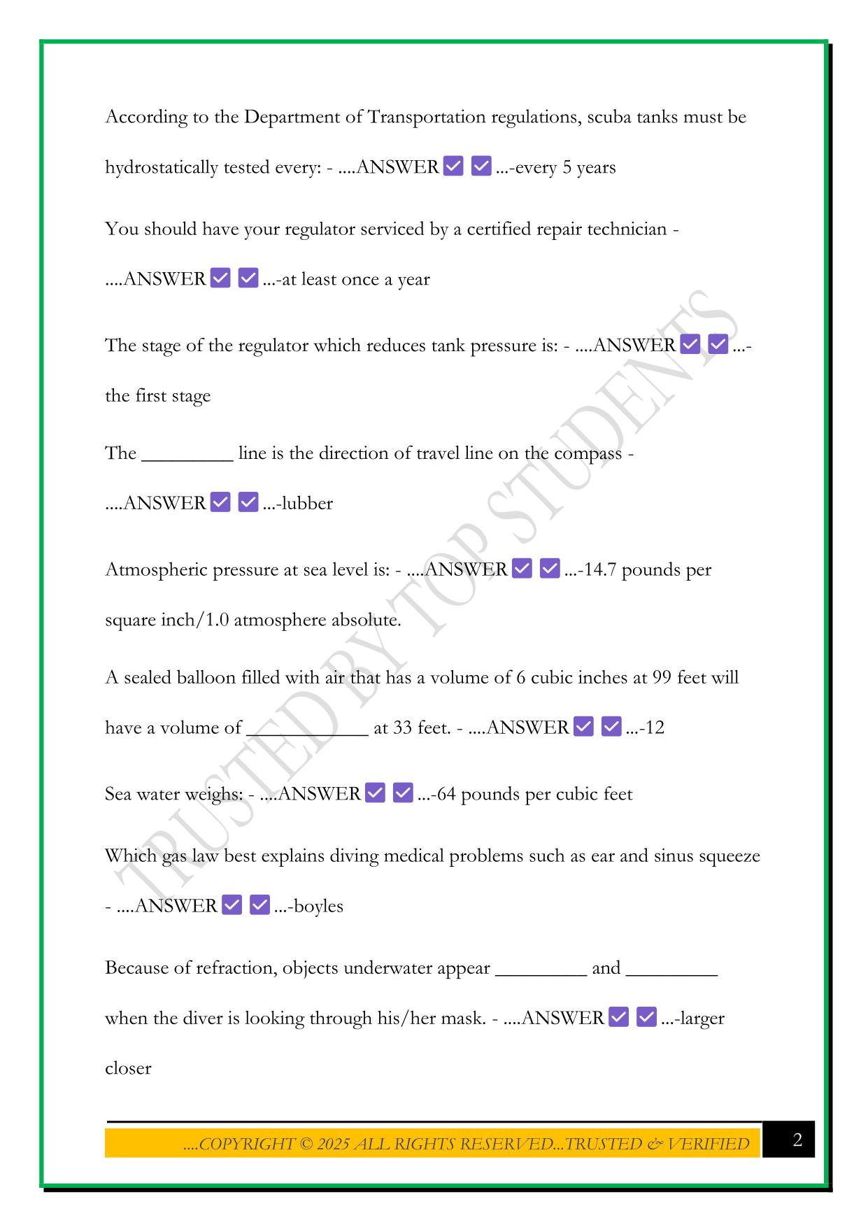 SCUBA EXAM 2025 QUESTIONS AND ANSWERS