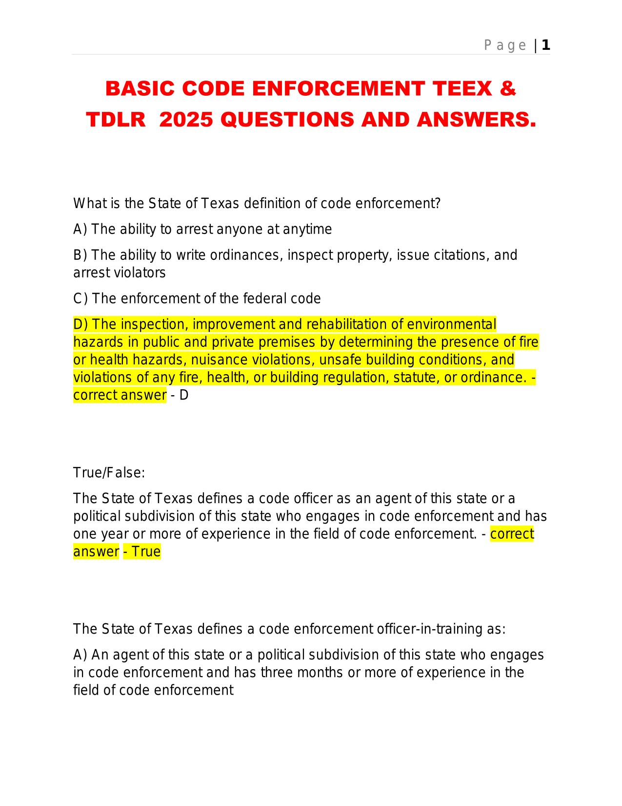 BASIC CODE ENFORCEMENT TEEX & TDLR 2025 QUESTIONS AND ANSWERS.