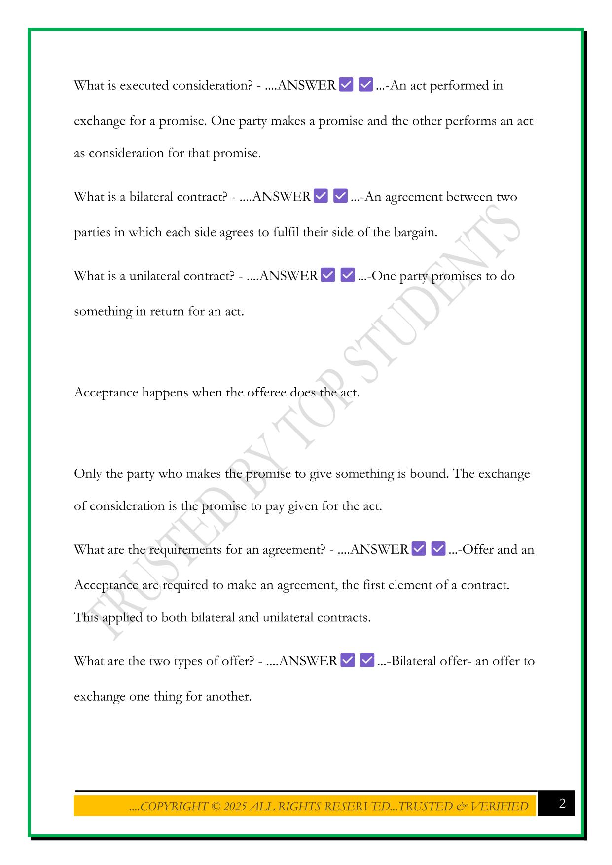 CONTRACT LAW EXAM 2025 QUESTIONS AND ANSWERS