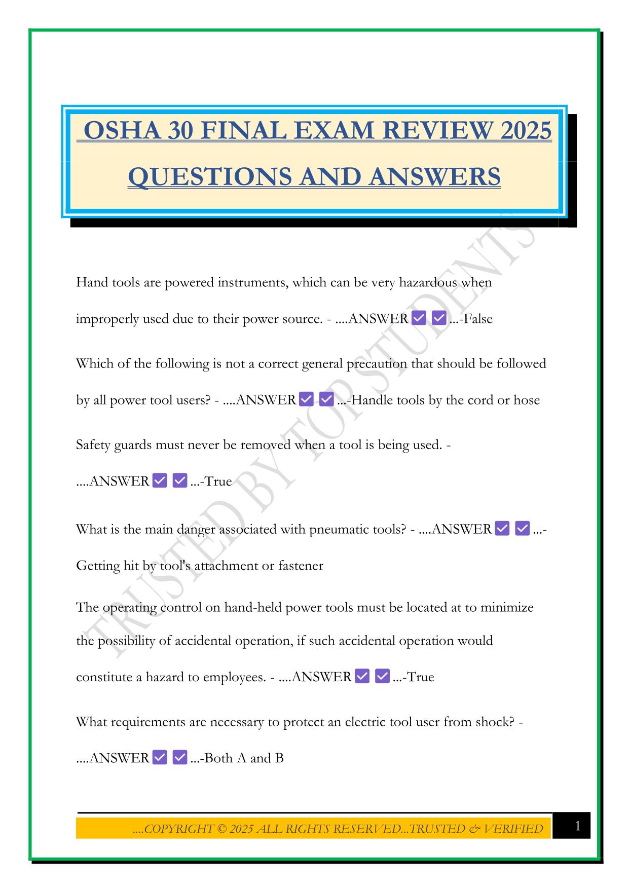 OSHA 30 FINAL EXAM REVIEW 2025 QUESTIONS AND ANSWERS