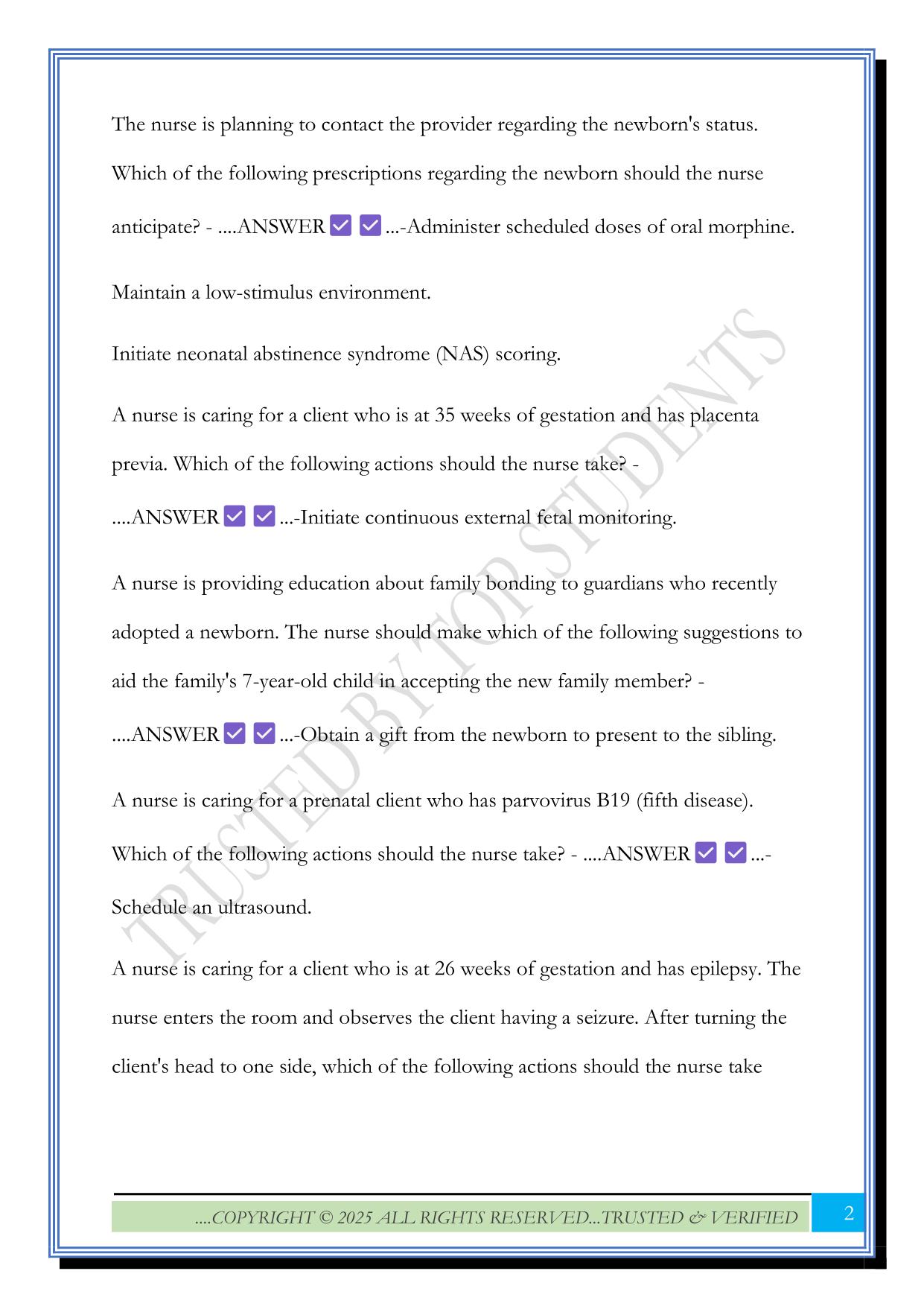 RN Maternal Newborn Online Practice 2025 B Exam Questions and Answers |100% Solved