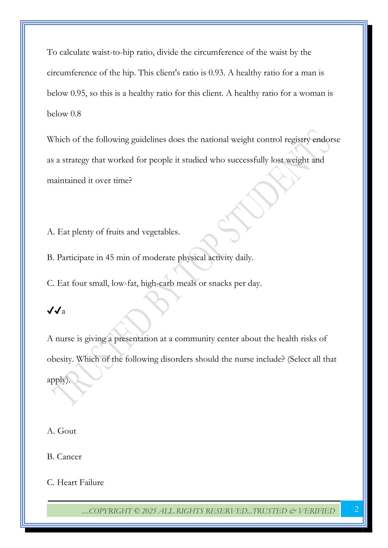 Wellness and Self-Care ATI: Eating Healthy and maintaining a healthy weight Exam 2025 Questions and Answers