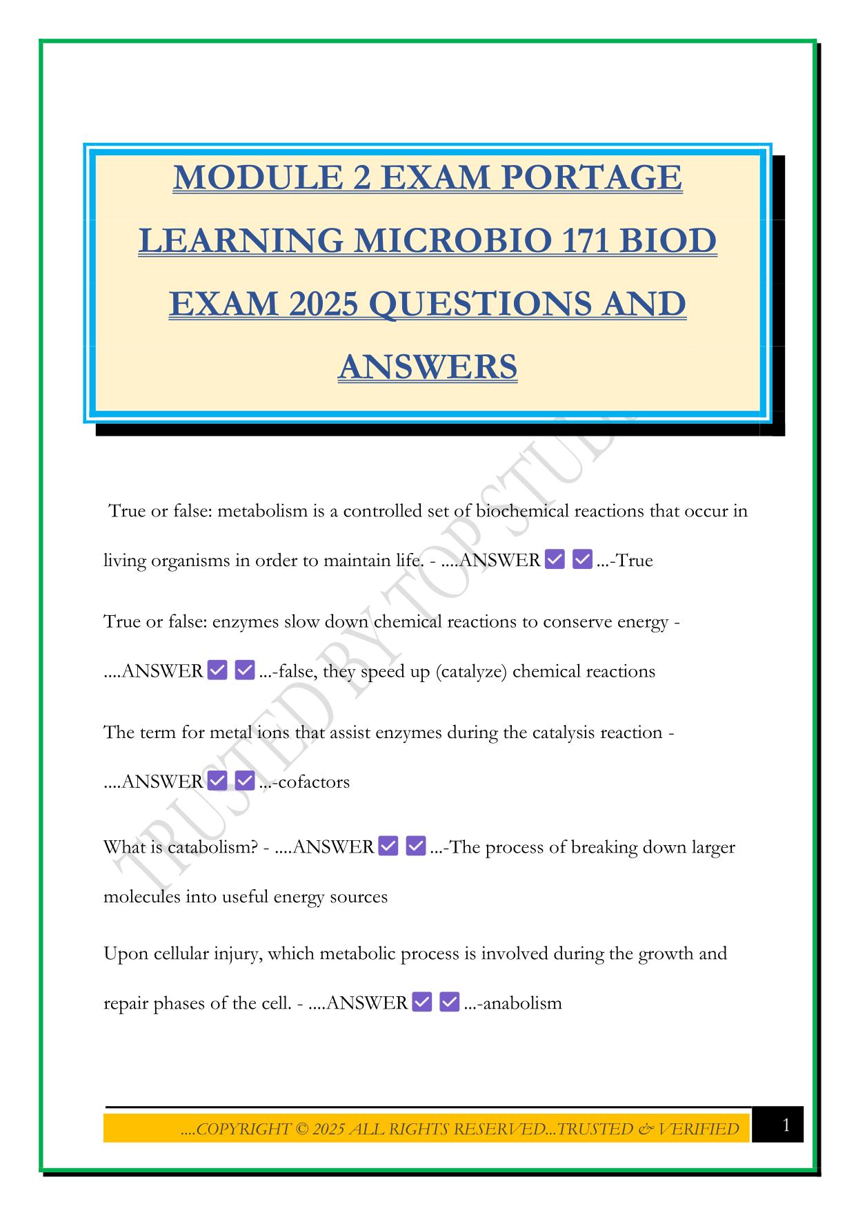 MODULE 2 EXAM PORTAGE LEARNING MICROBIO 171 BIOD EXAM 2025 QUESTIONS AND ANSWERS