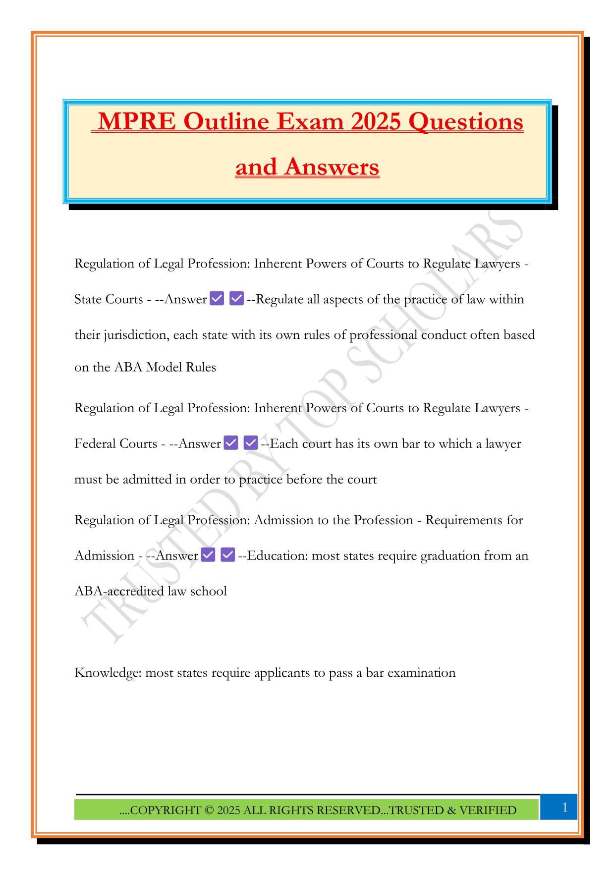 MPRE Outline Exam 2025 Questions and Answers