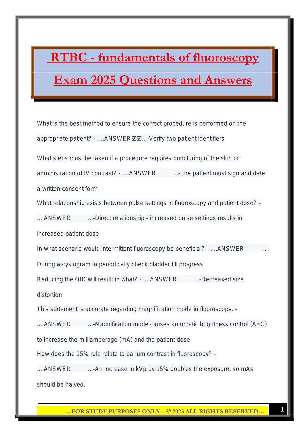 RTBC - fundamentals of fluoroscopy Exam 2025 Questions and Answers