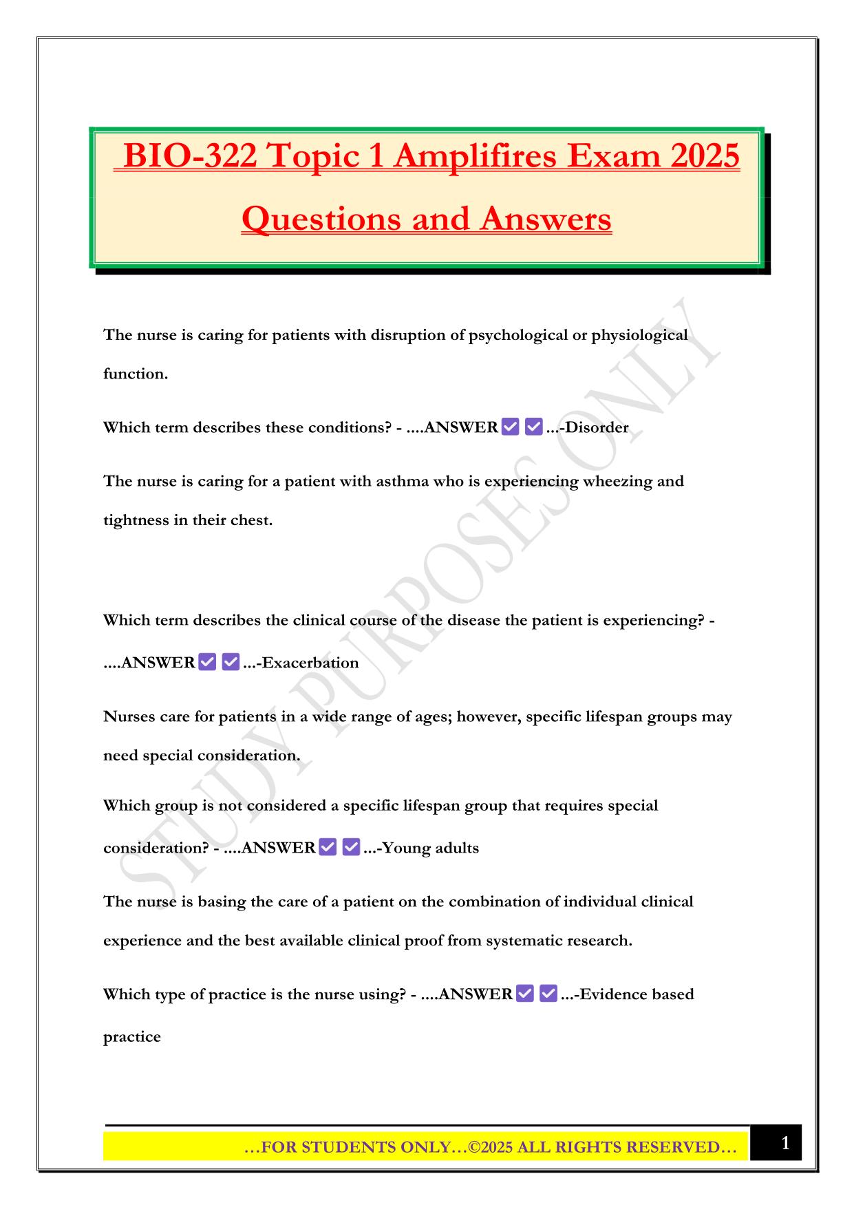 BIO-322 Topic 1 Amplifires Exam 2025 Questions and Answers