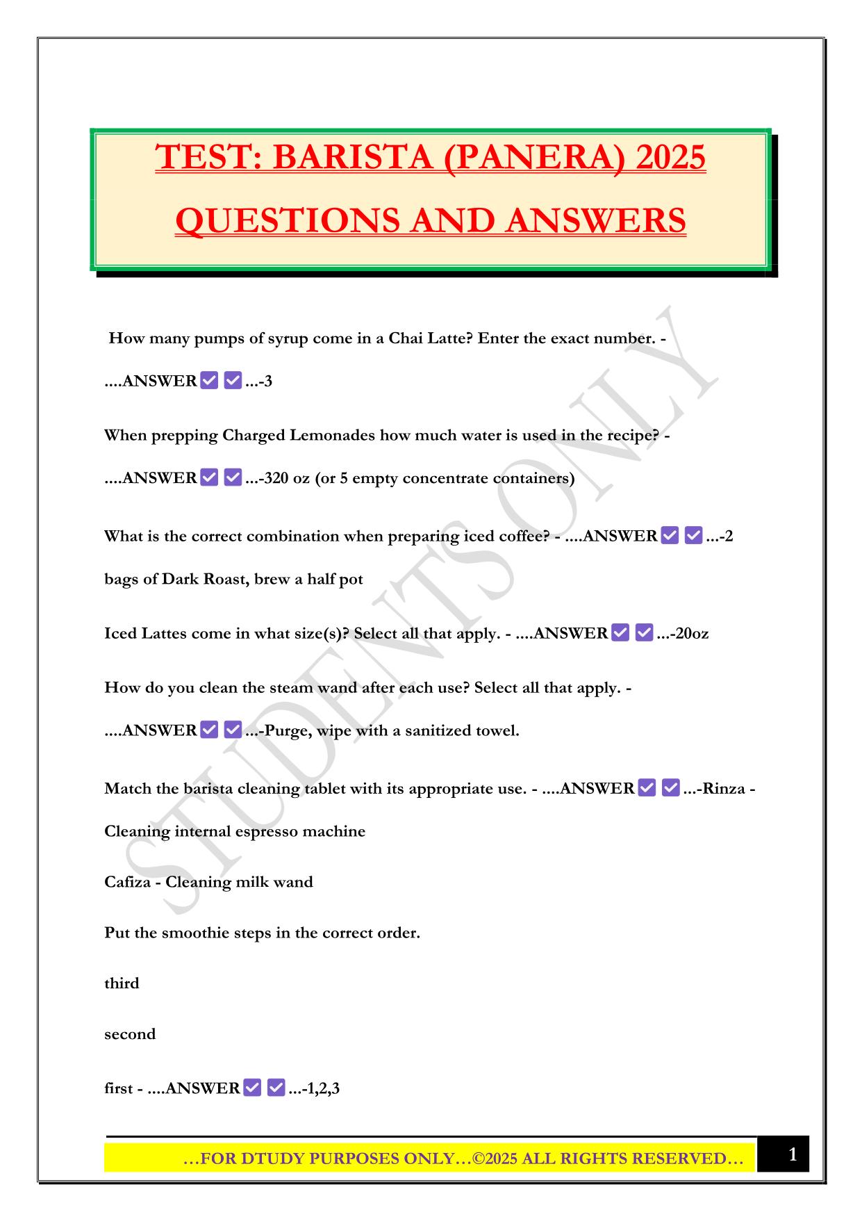 TEST: BARISTA (PANERA) 2025 QUESTIONS AND ANSWERS
