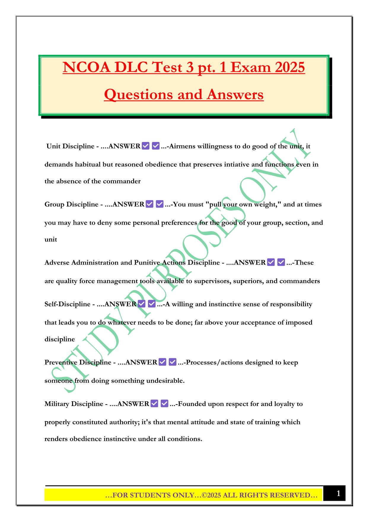 NCOA DLC Test 3 pt. 1 Exam 2025 Questions and Answers