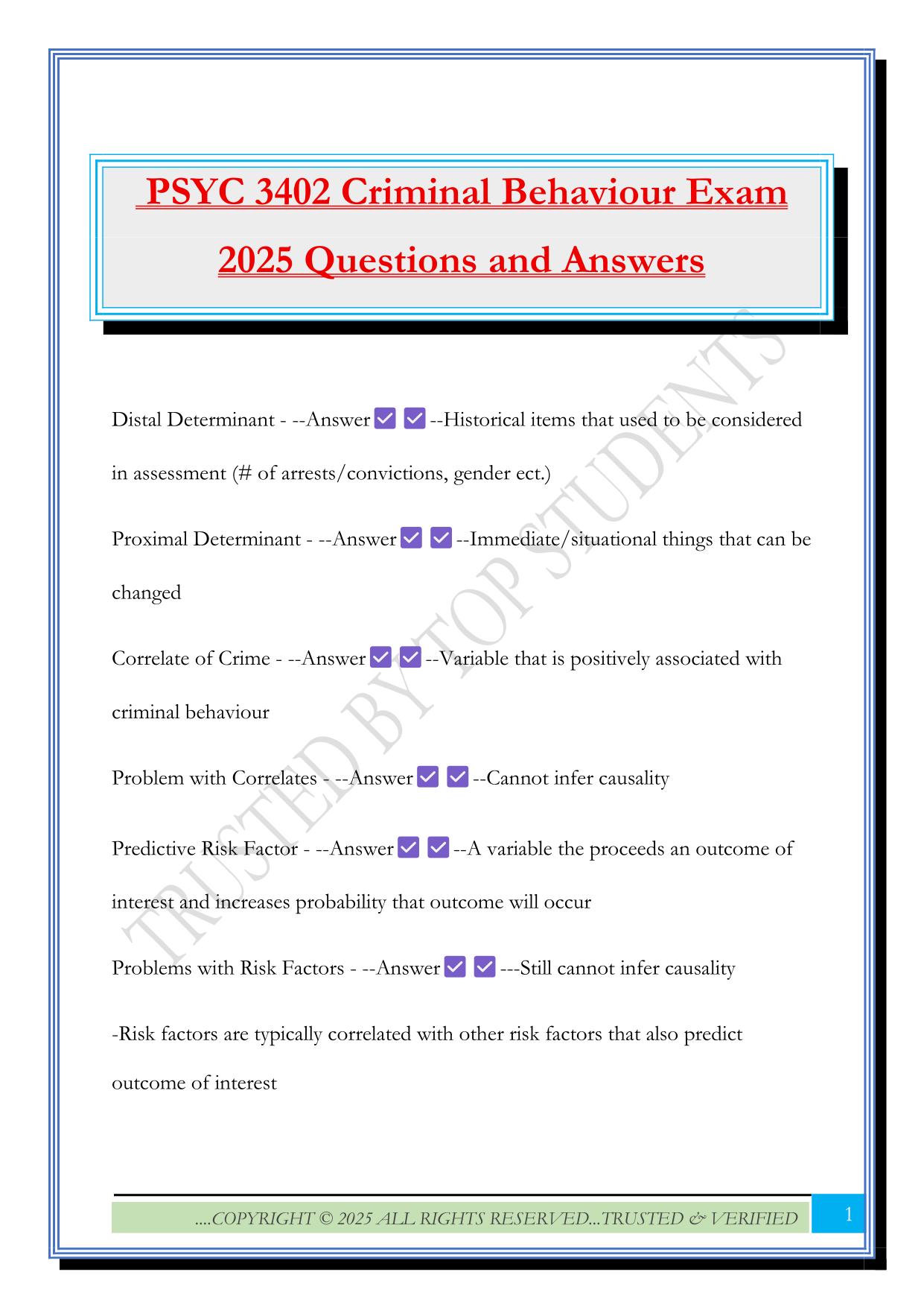 PSYC 3402 Criminal Behaviour Exam 2025 Questions and Answers