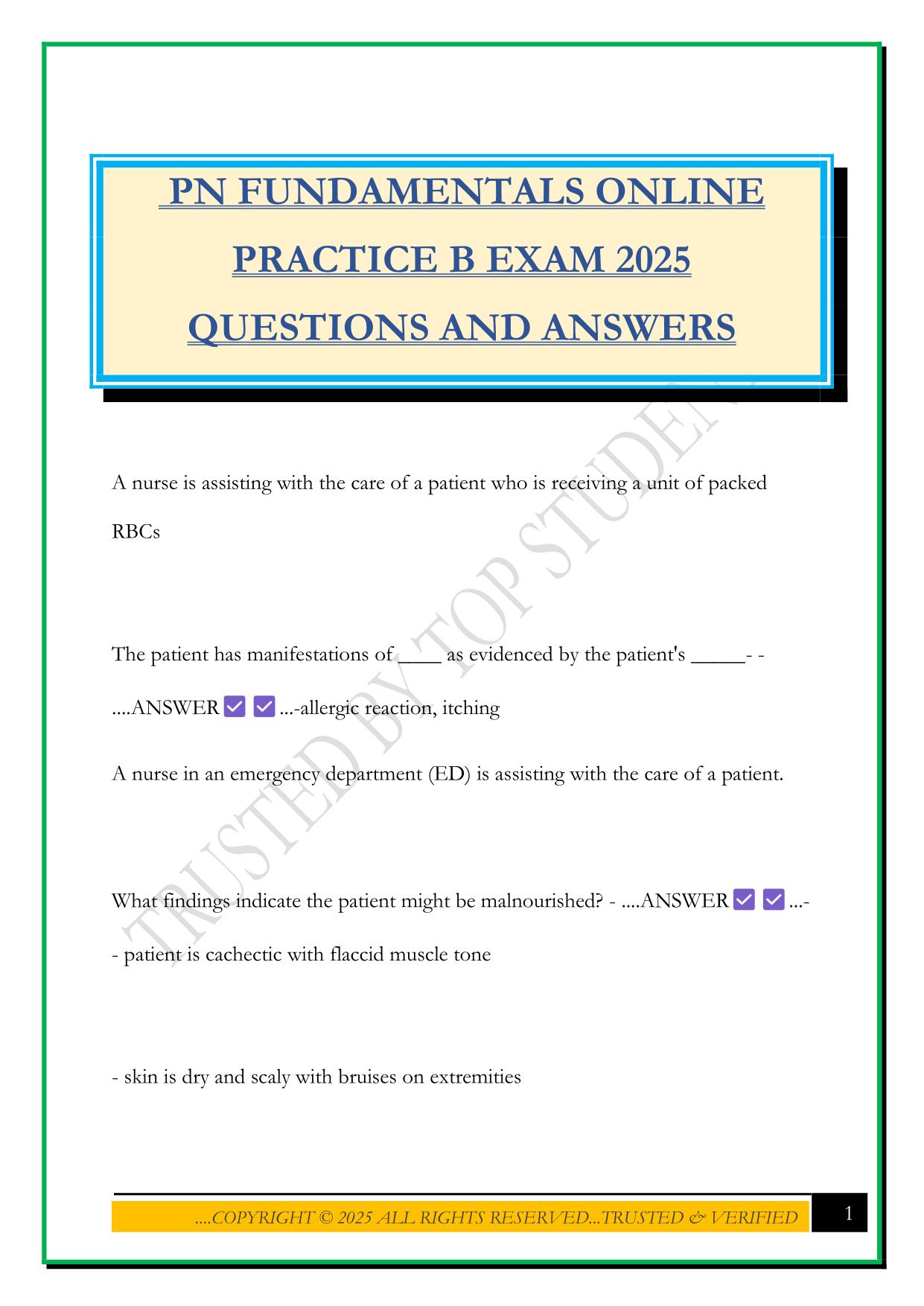 PN FUNDAMENTALS ONLINE PRACTICE B EXAM 2025 QUESTIONS AND ANSWERS
