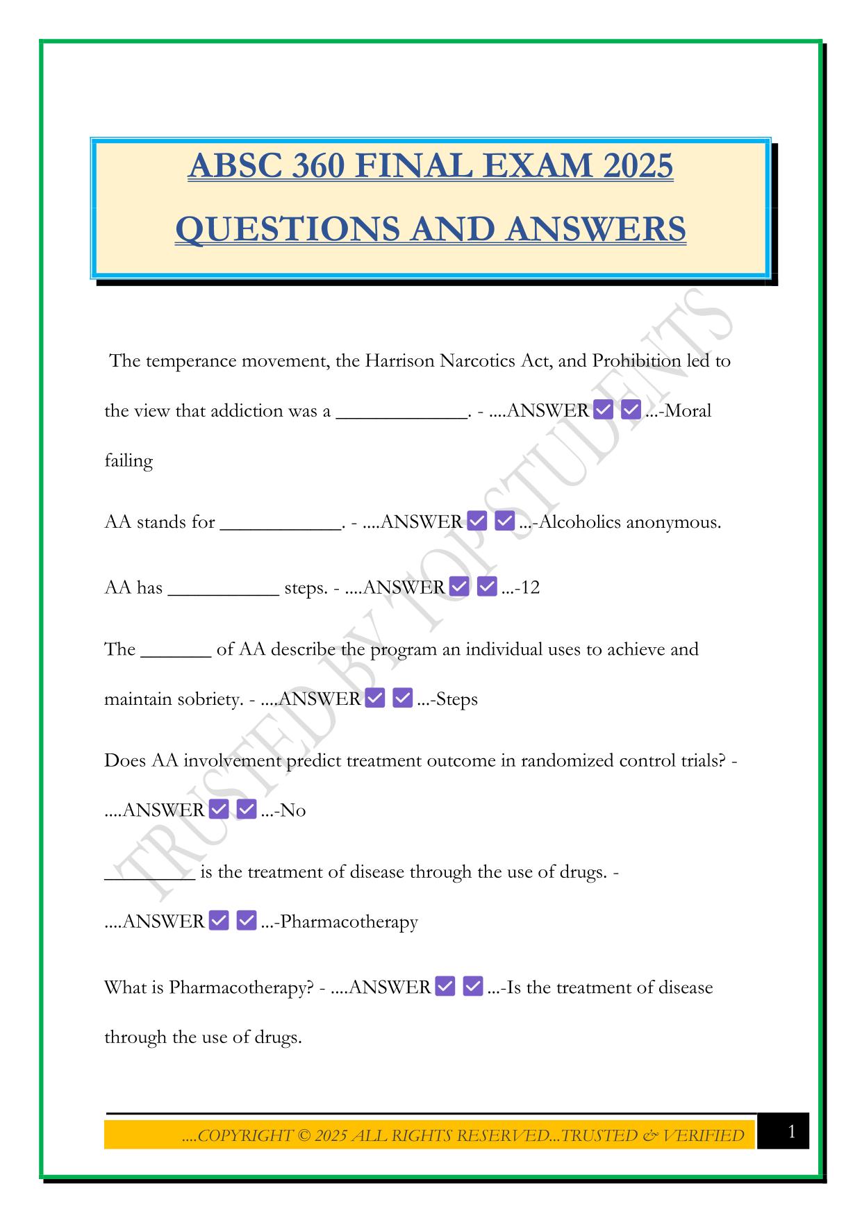 ABSC 360 FINAL EXAM 2025 QUESTIONS AND ANSWERS