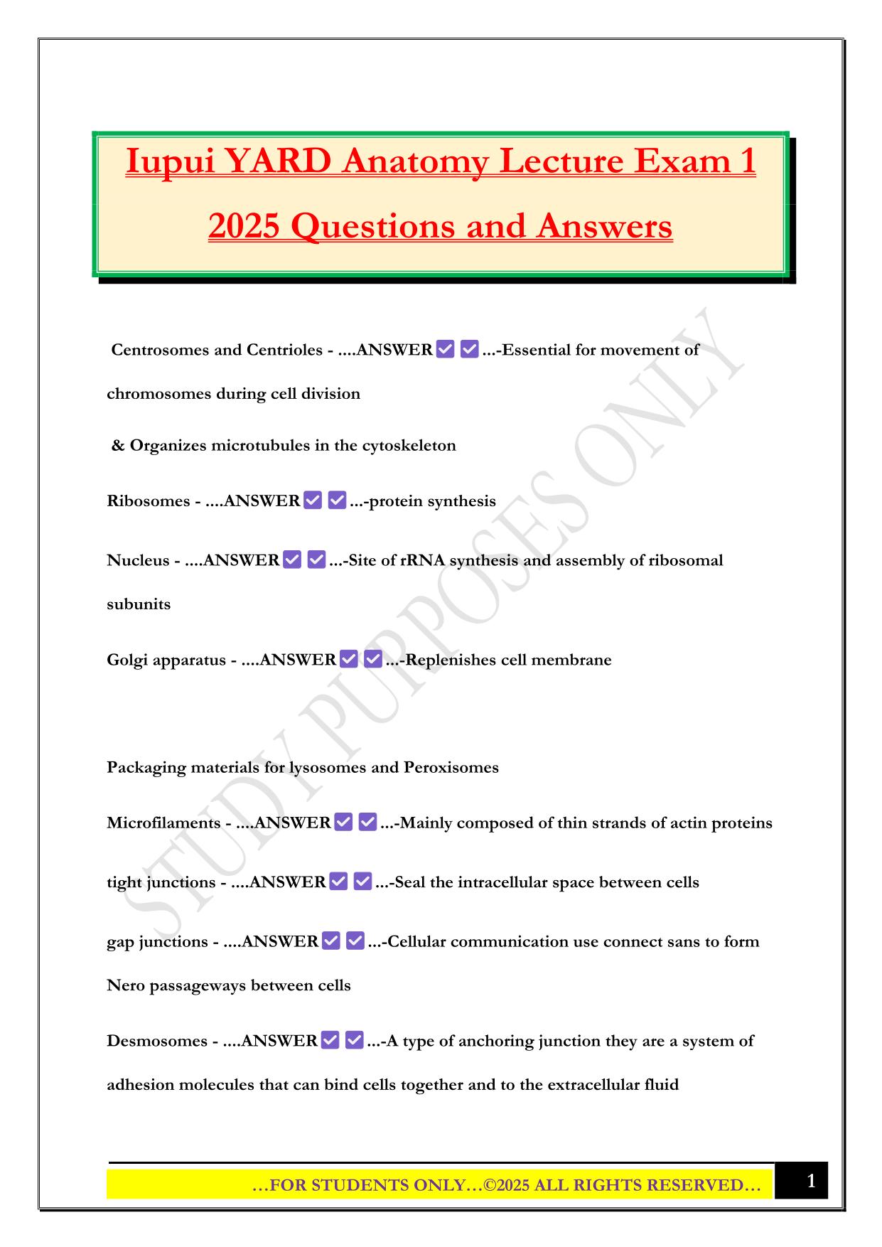Iupui YARD Anatomy Lecture Exam 1 2025 Questions and Answers