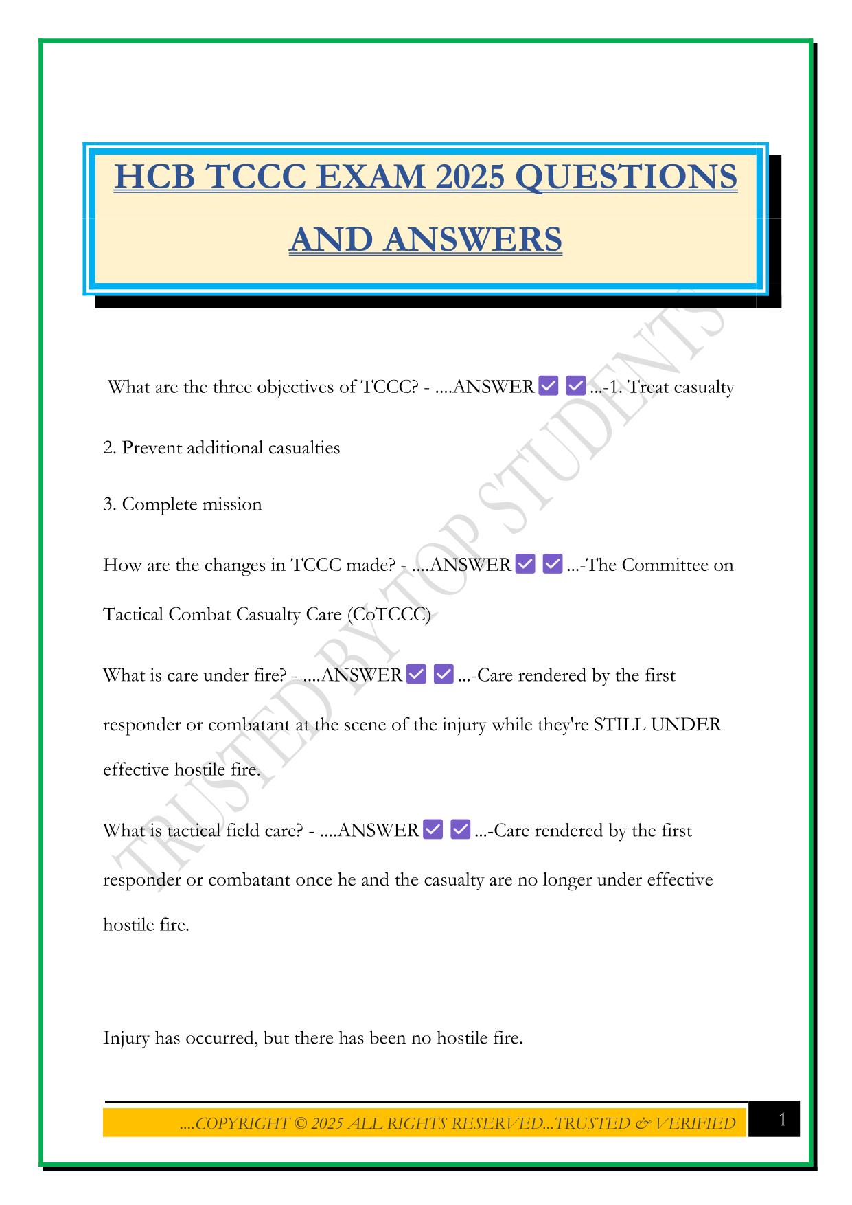 HCB TCCC EXAM 2025 QUESTIONS AND ANSWERS