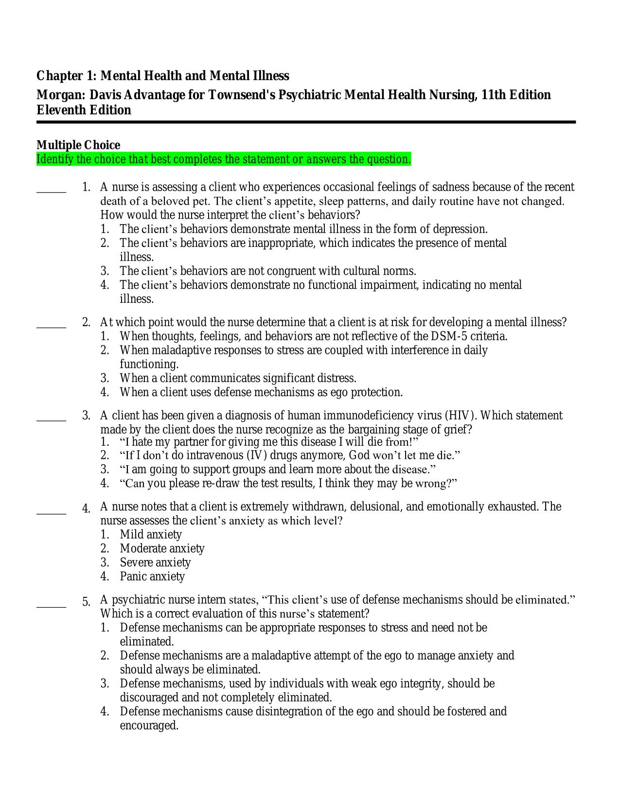 Testbank Davis Advantage for Townsend's Psychiatric Mental Health Nursing, 11th Edition Exam MCQ WITH Correct Answers |100% Pass Assured 