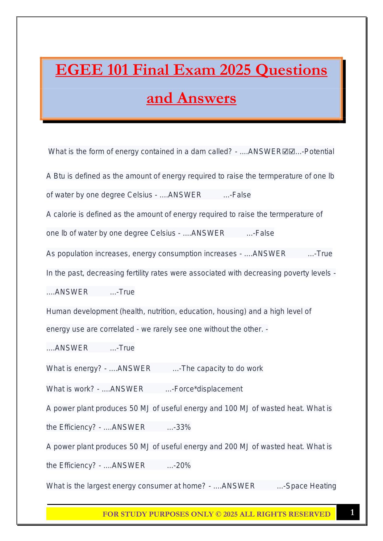 EGEE 101 Final Exam 2025 Questions and Answers