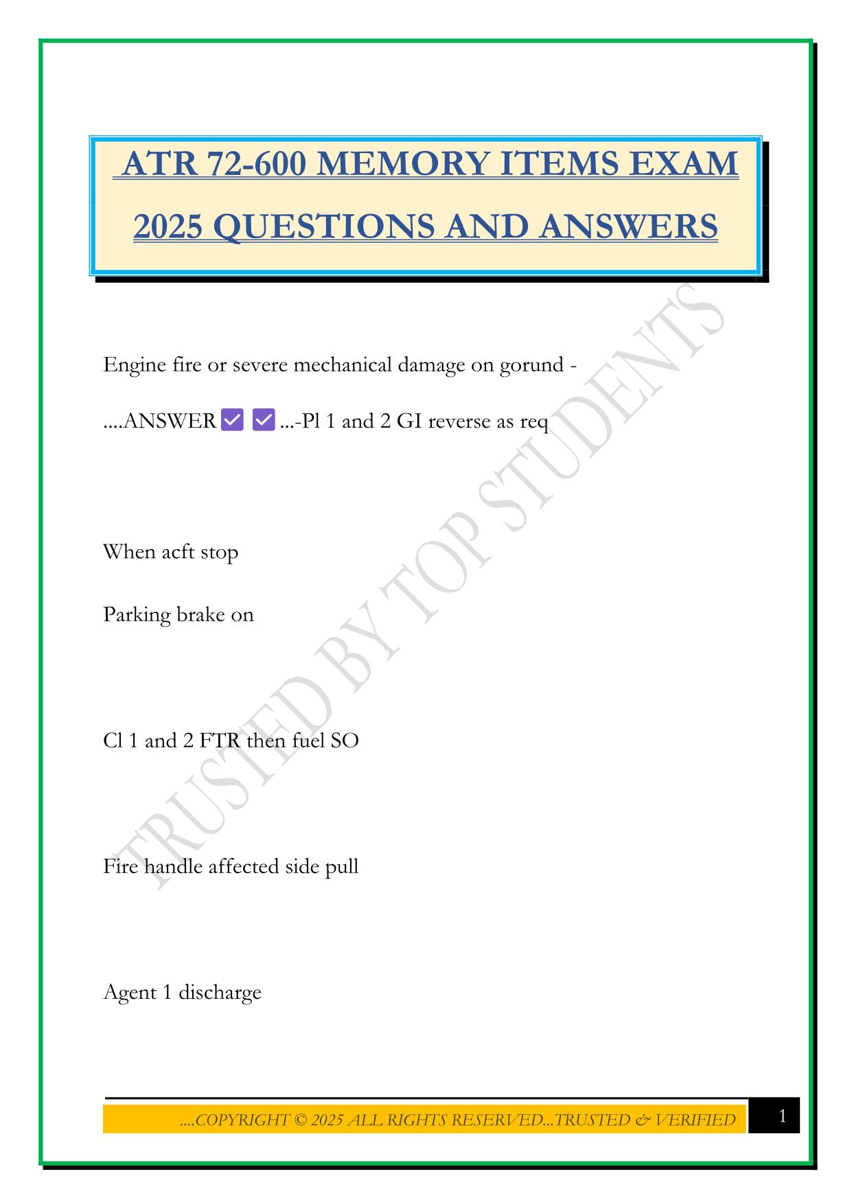 ATR 72-600 MEMORY ITEMS EXAM 2025 QUESTIONS AND ANSWERS