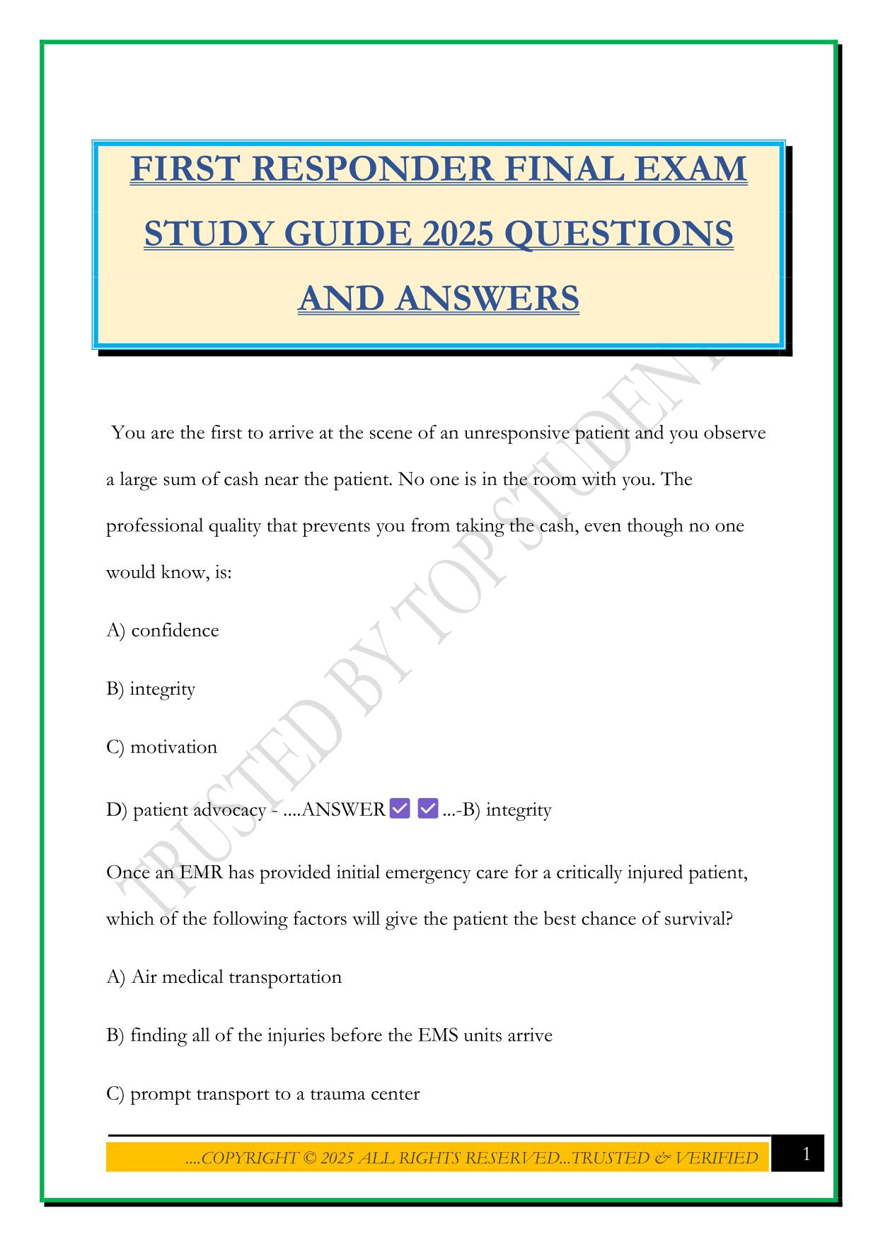 FIRST RESPONDER FINAL EXAM STUDY GUIDE 2025 QUESTIONS AND ANSWERS