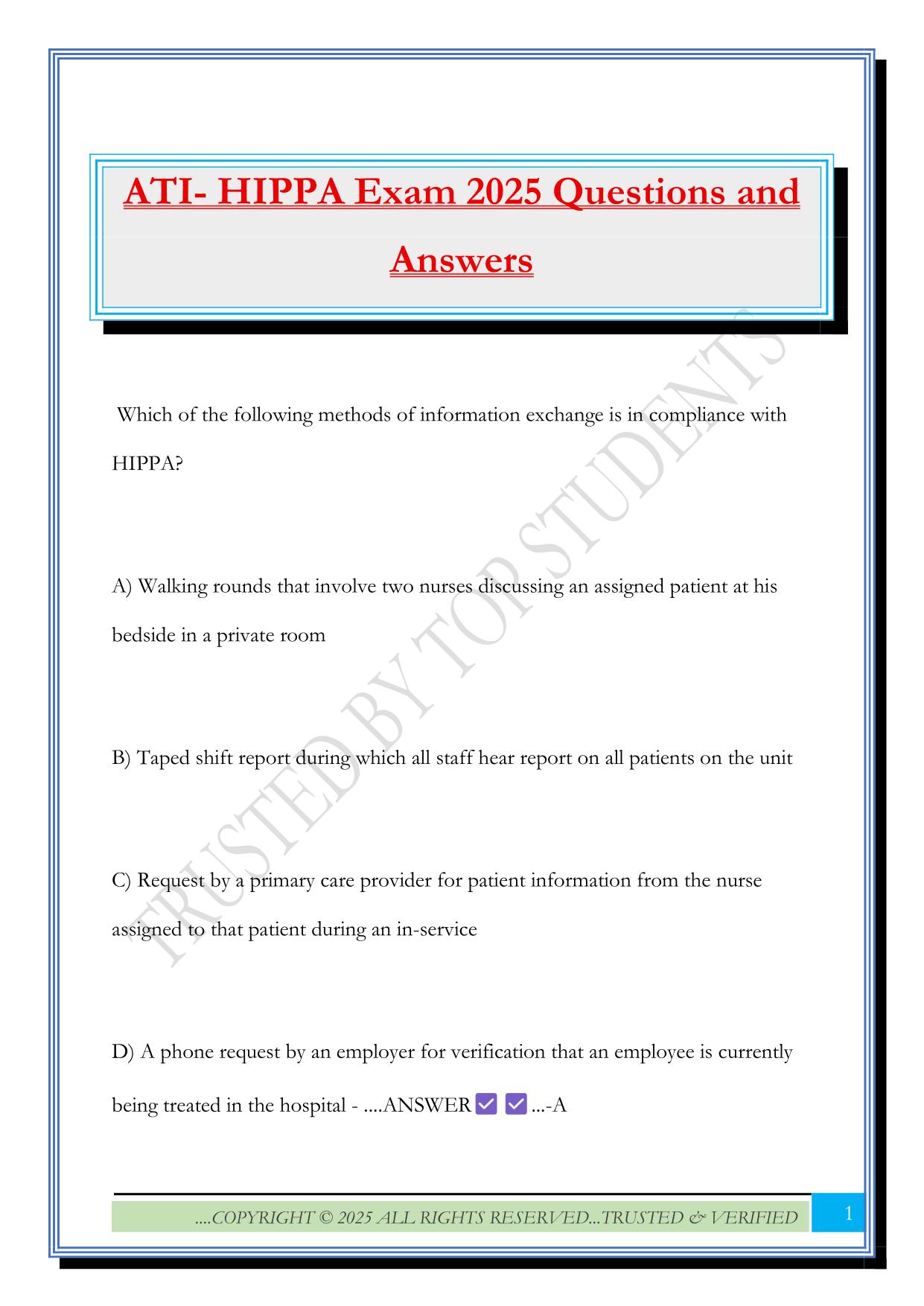 ATI- HIPPA Exam 2025 Questions and Answers