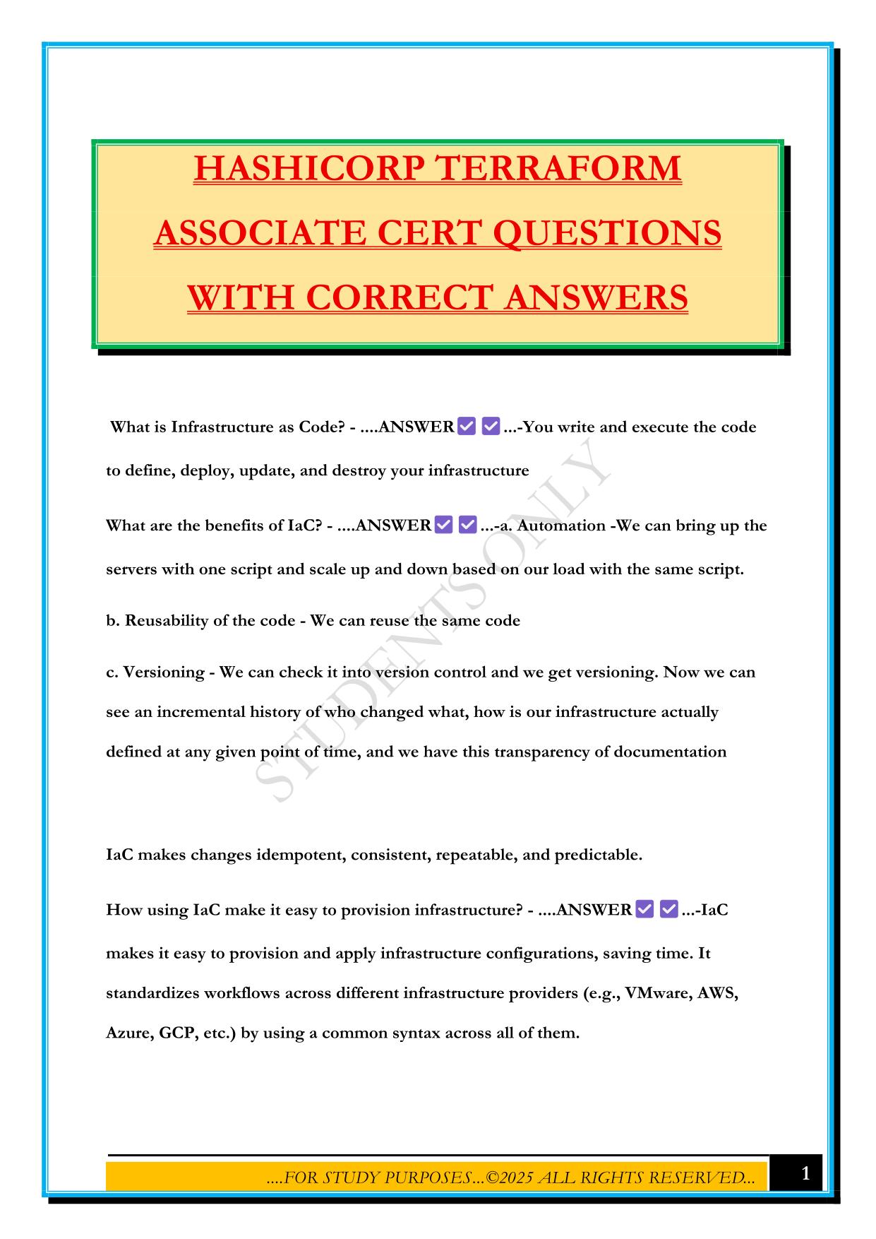 HASHICORP TERRAFORM ASSOCIATE CERT QUESTIONS WITH CORRECT ANSWERS