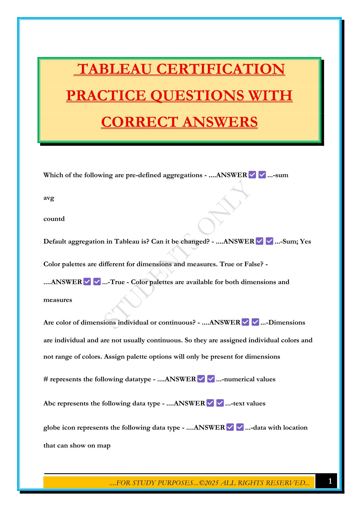 TABLEAU CERTIFICATION PRACTICE QUESTIONS WITH CORRECT ANSWERS