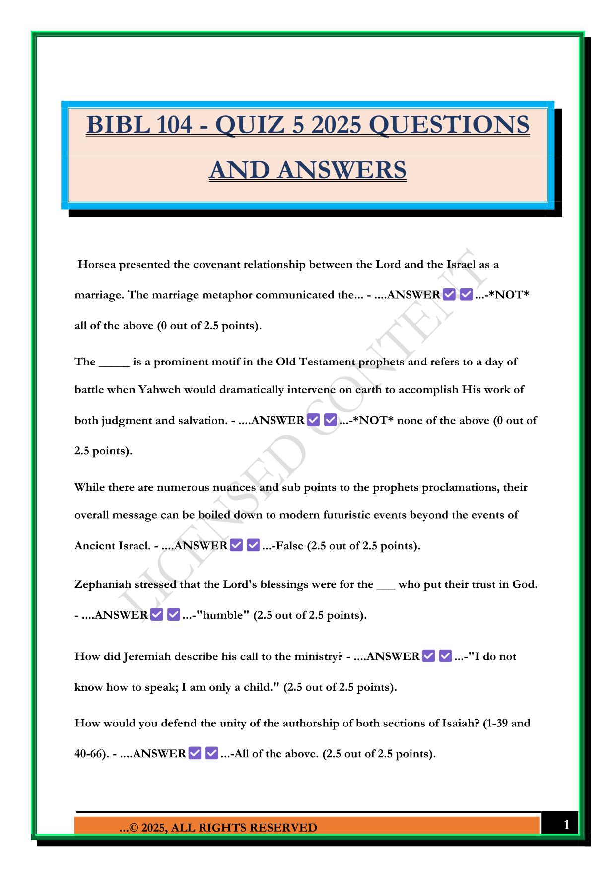 BIBL 104 - QUIZ 5 2025 QUESTIONS AND ANSWERS