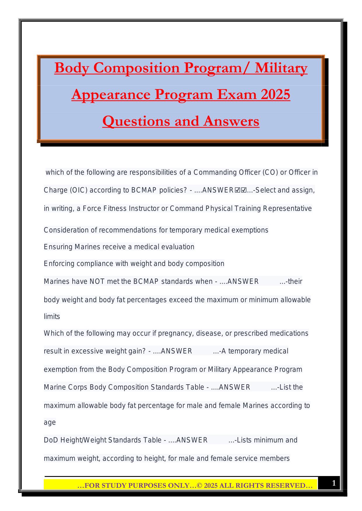 Body Composition Program/ Military Appearance Program Exam 2025 Questions and Answers