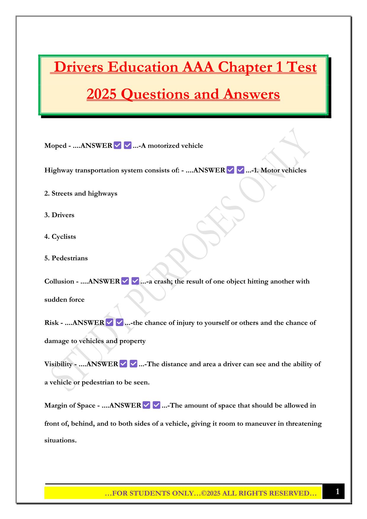 Drivers Education AAA Chapter 1 Test 2025 Questions and Answers