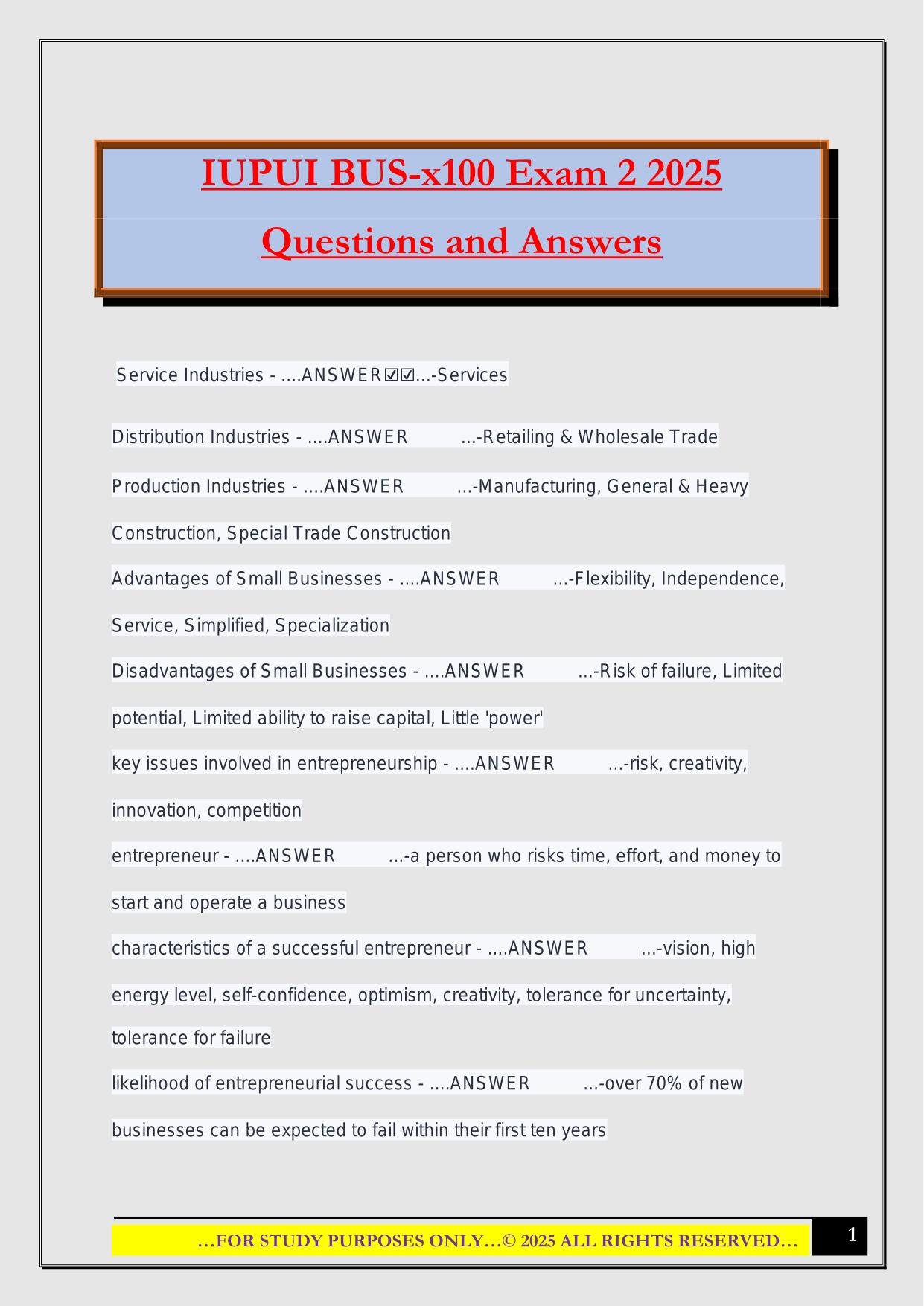 IUPUI BUS-x100 Exam 2 2025 Questions and Answers