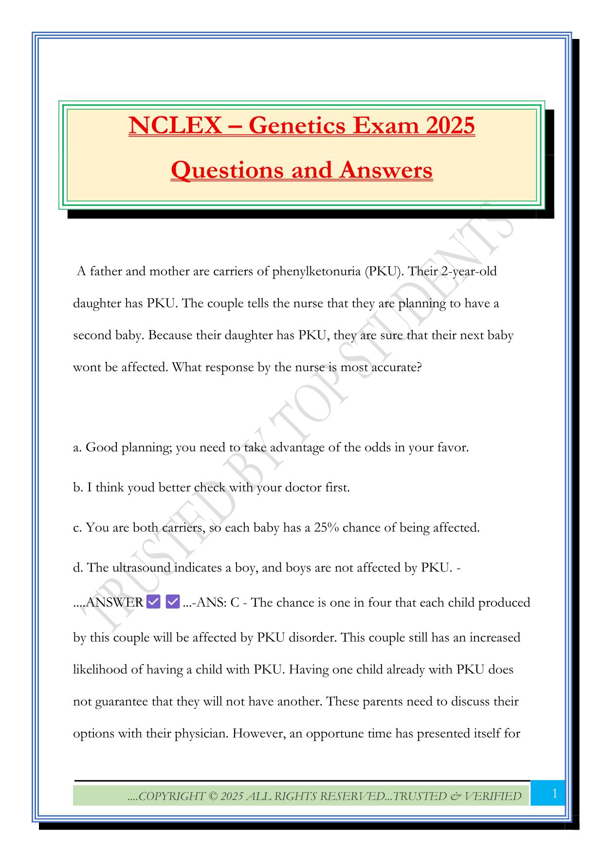 NCLEX – Genetics Exam 2025 Questions and Answers