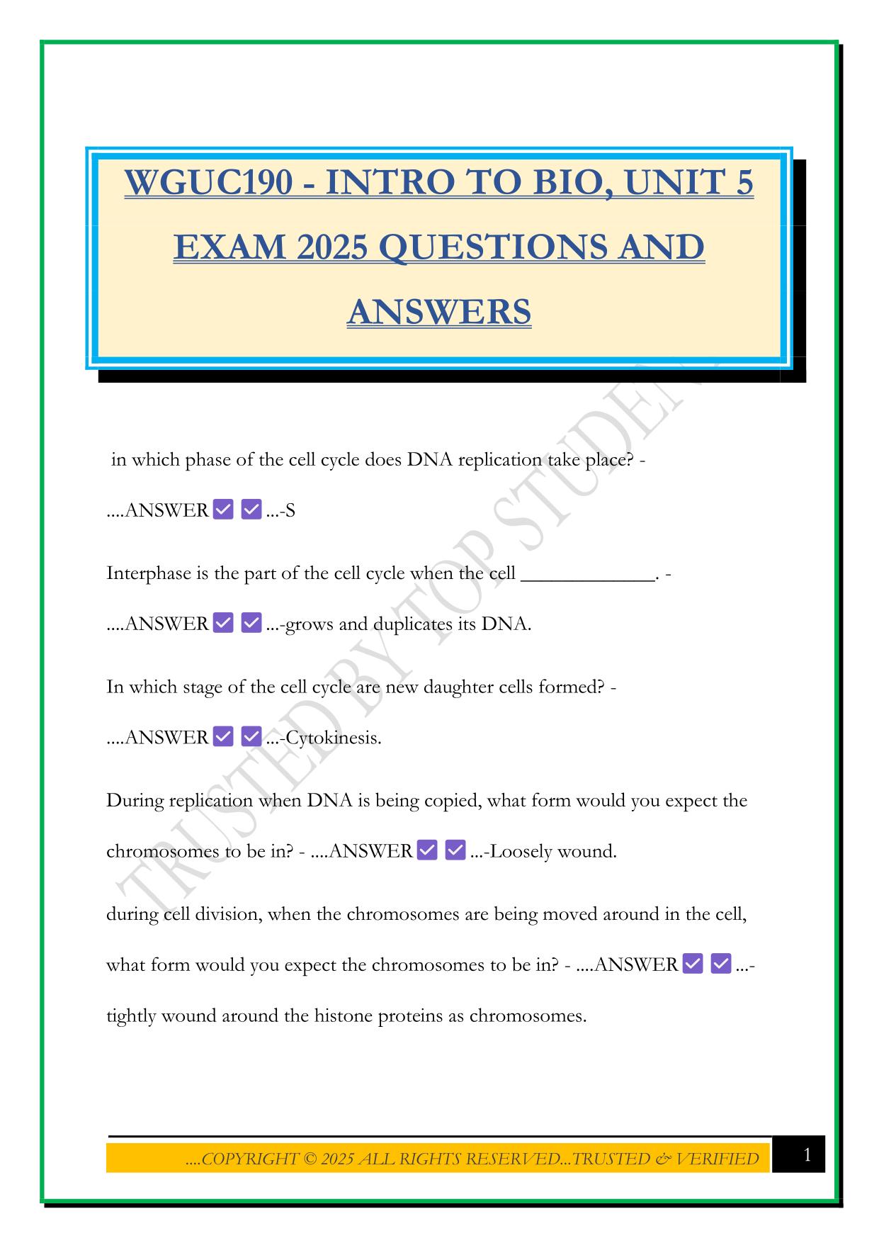 WGUC190 - INTRO TO BIO, UNIT 5 EXAM 2025 QUESTIONS AND ANSWERS