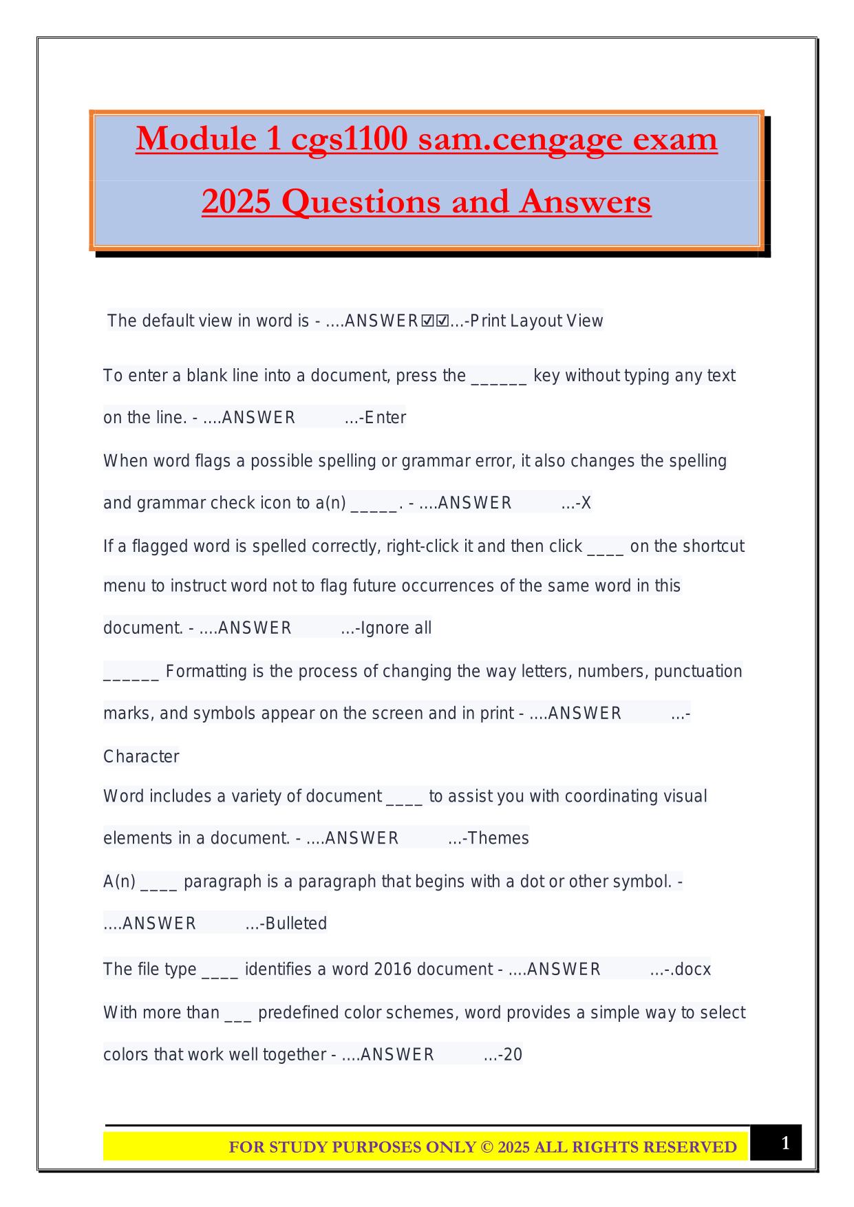Module 1 cgs1100 sam.cengage exam 2025 Questions and Answers