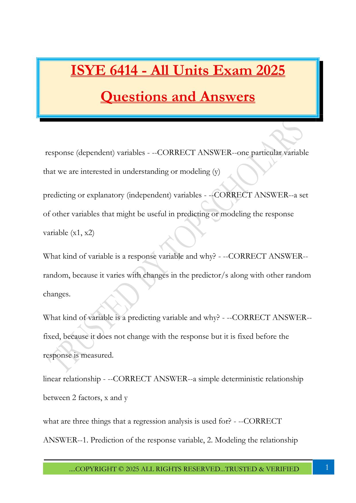 ISYE 6414 - All Units Exam 2025 Questions and Answers