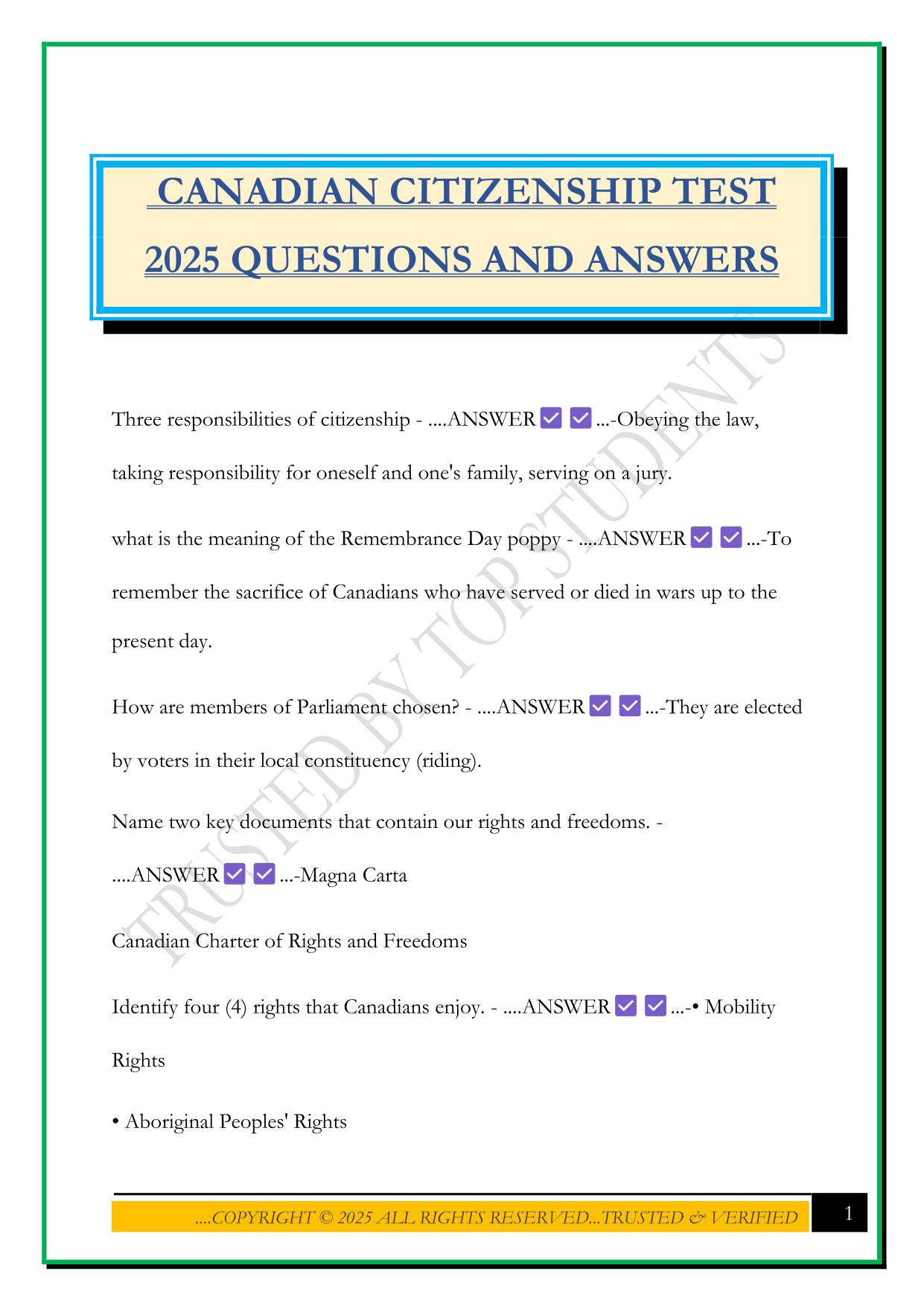 CANADIAN CITIZENSHIP TEST 2025 QUESTIONS AND ANSWERS
