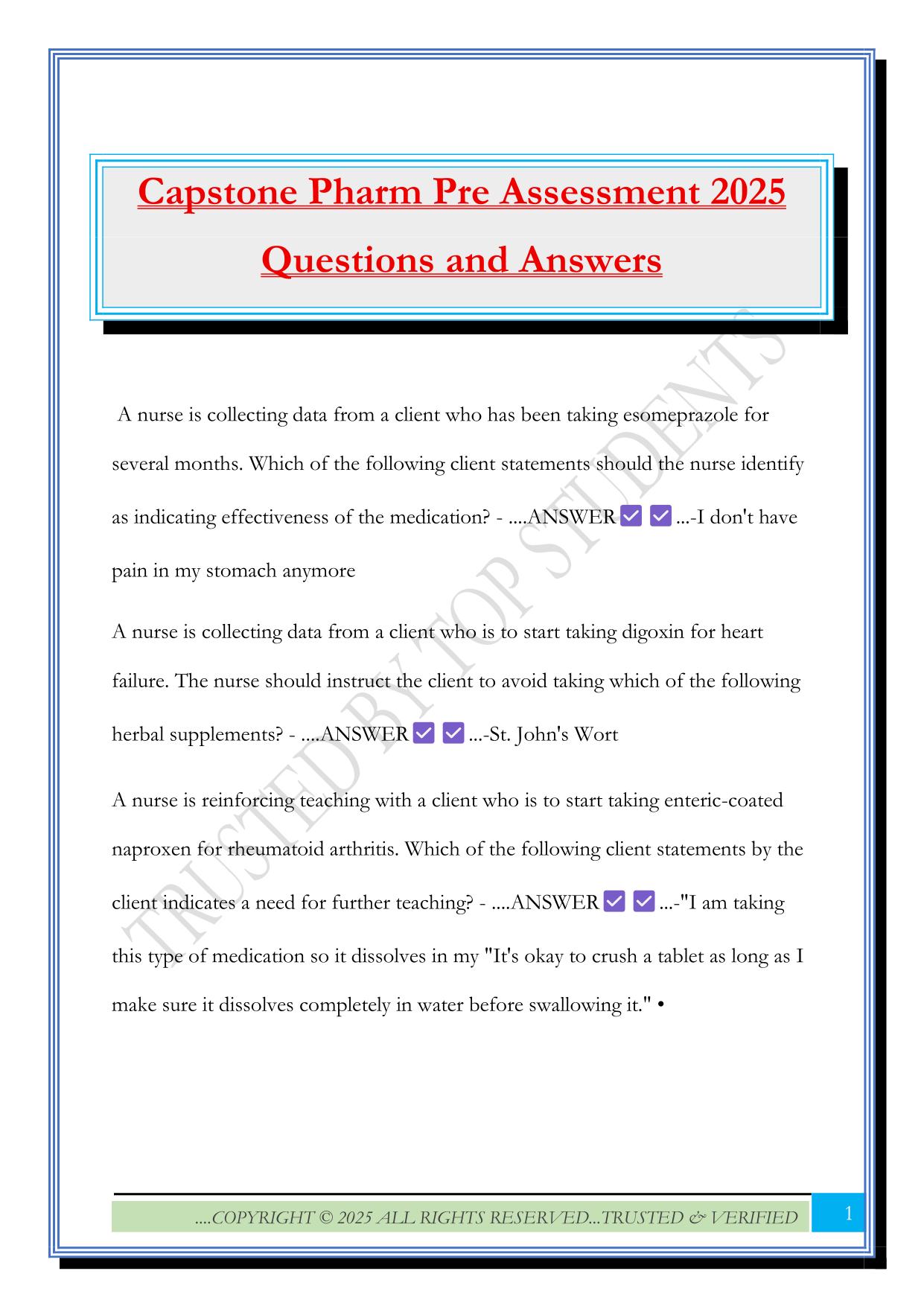 Capstone Pharm Pre Assessment 2025 Questions and Answers