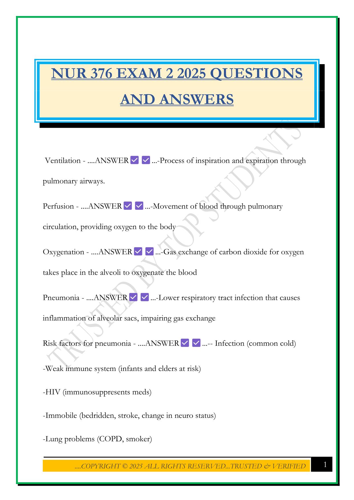 NUR 376 EXAM 2 2025 QUESTIONS AND ANSWERS