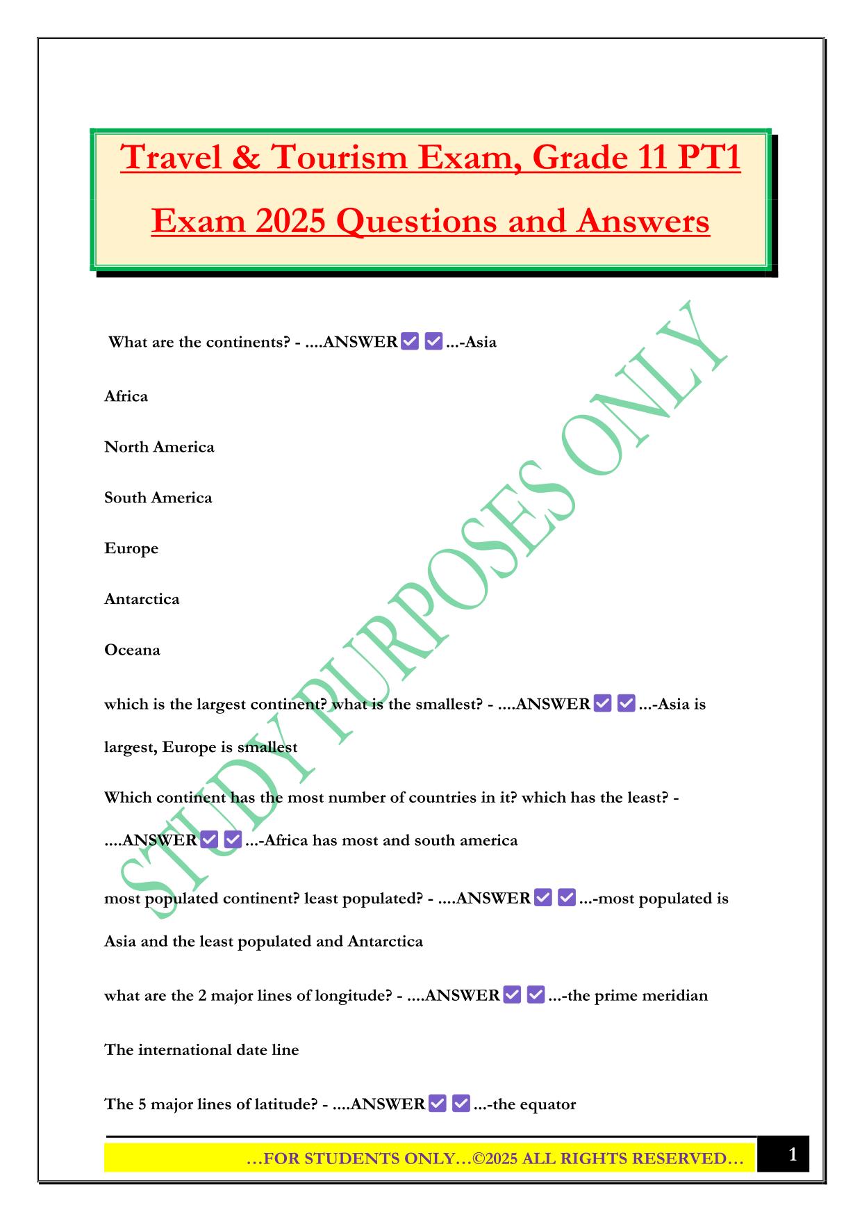 Travel & Tourism Exam, Grade 11 PT1 Exam 2025 Questions and Answers