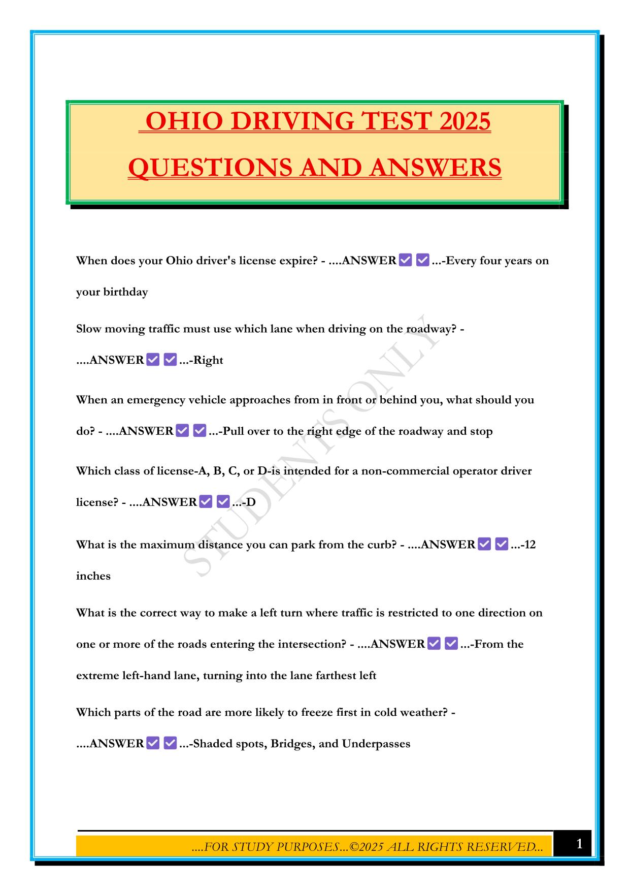 OHIO DRIVING TEST 2025 QUESTIONS AND ANSWERS