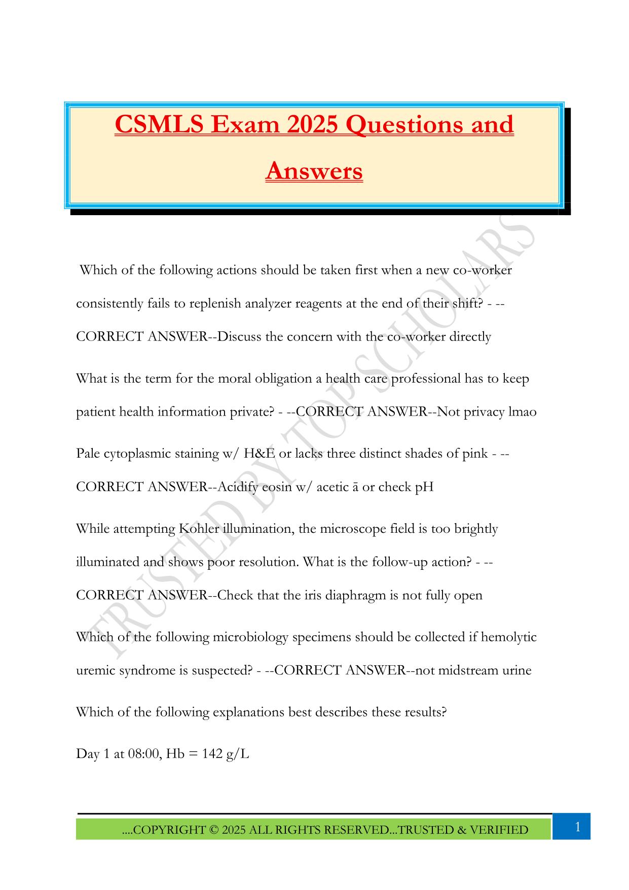CSMLS Exam 2025 Questions and Answers