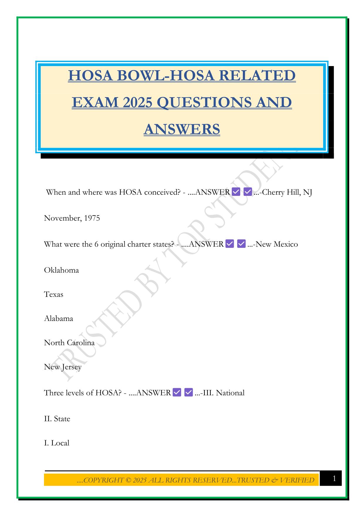 HOSA BOWL-HOSA RELATED EXAM 2025 QUESTIONS AND ANSWERS