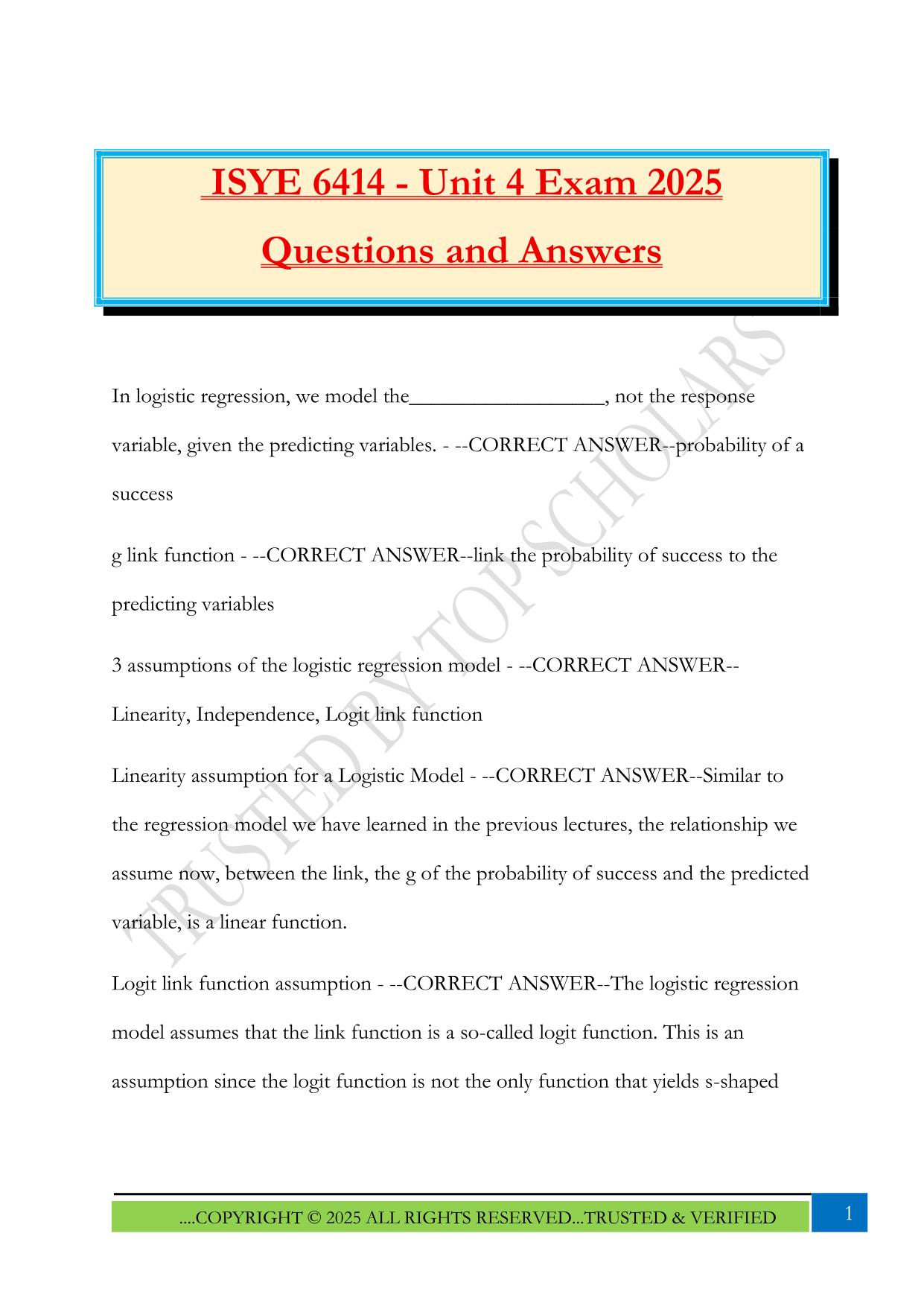 ISYE 6414 - Unit 4 Exam 2025 Questions and Answers