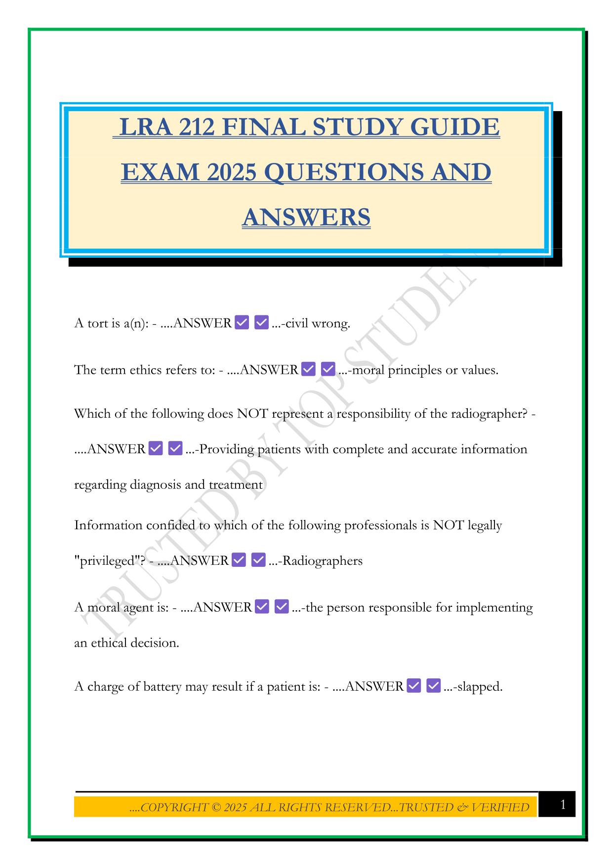 LRA 212 FINAL STUDY GUIDE EXAM 2025 QUESTIONS AND ANSWERS