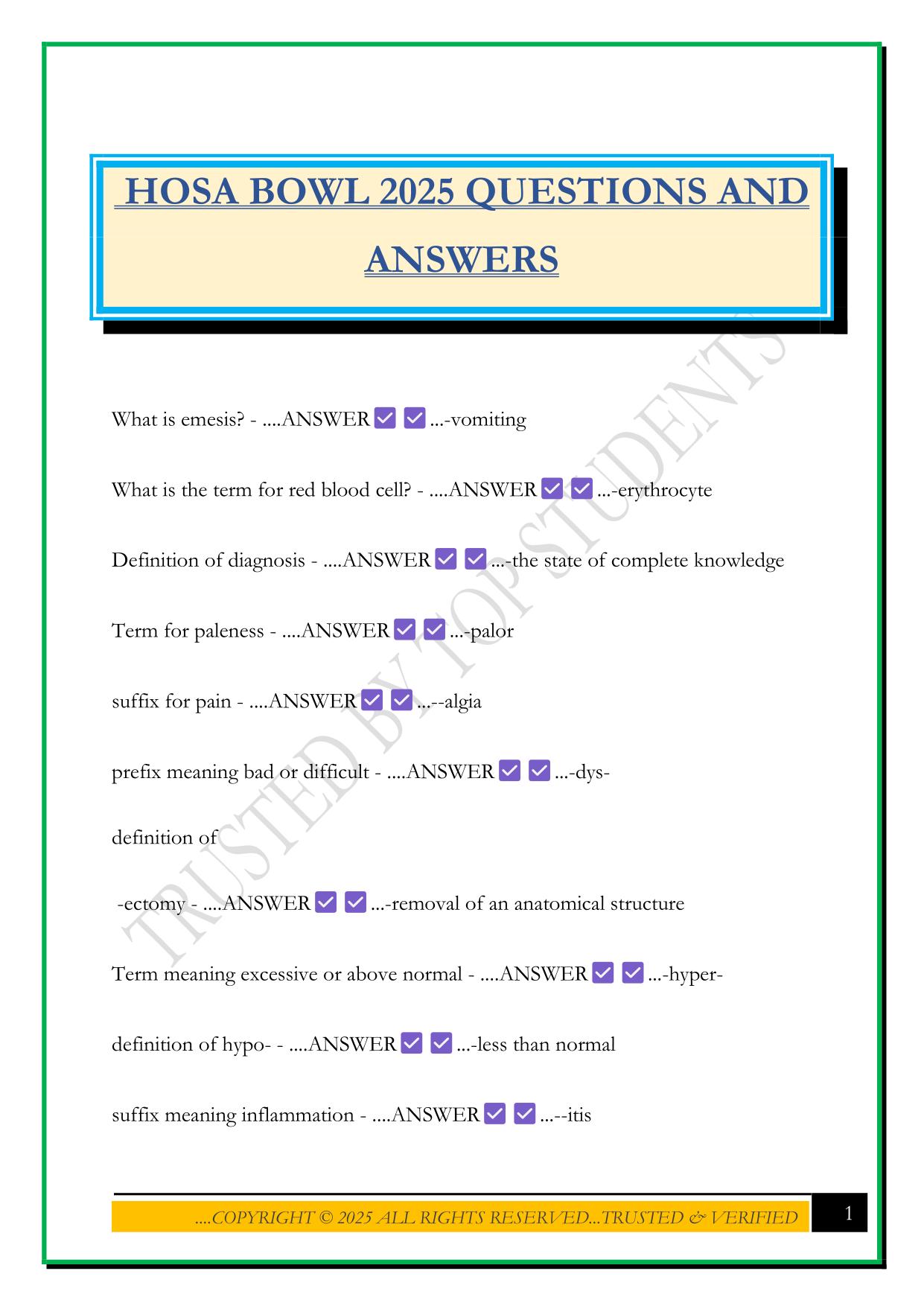 HOSA BOWL 2025 QUESTIONS AND ANSWERS