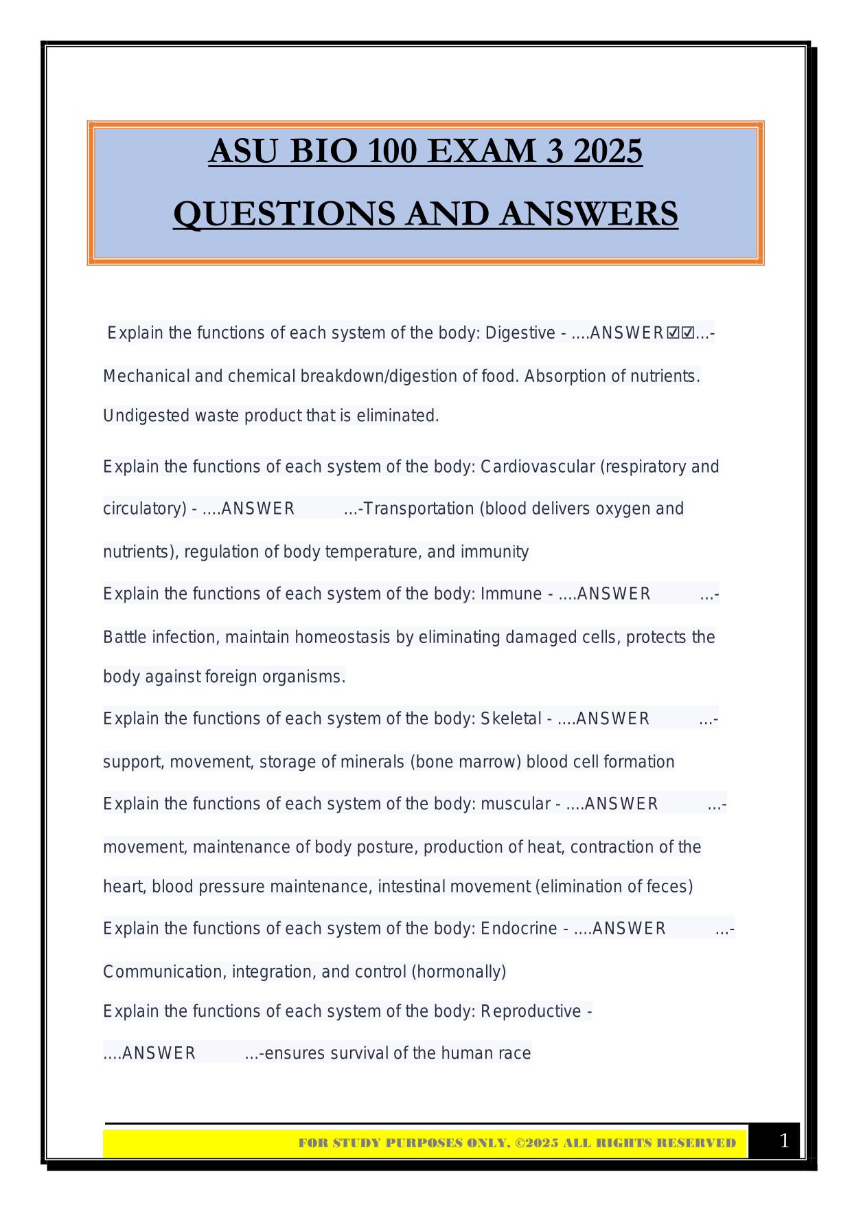ASU BIO 100 EXAM 3 2025 QUESTIONS AND ANSWERS