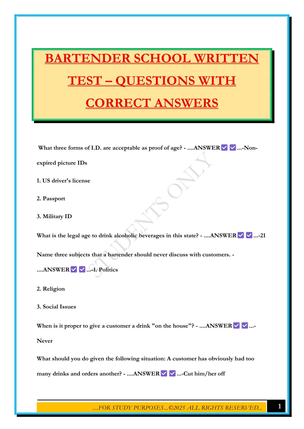 BARTENDER SCHOOL WRITTEN TEST – QUESTIONS WITH CORRECT ANSWERS