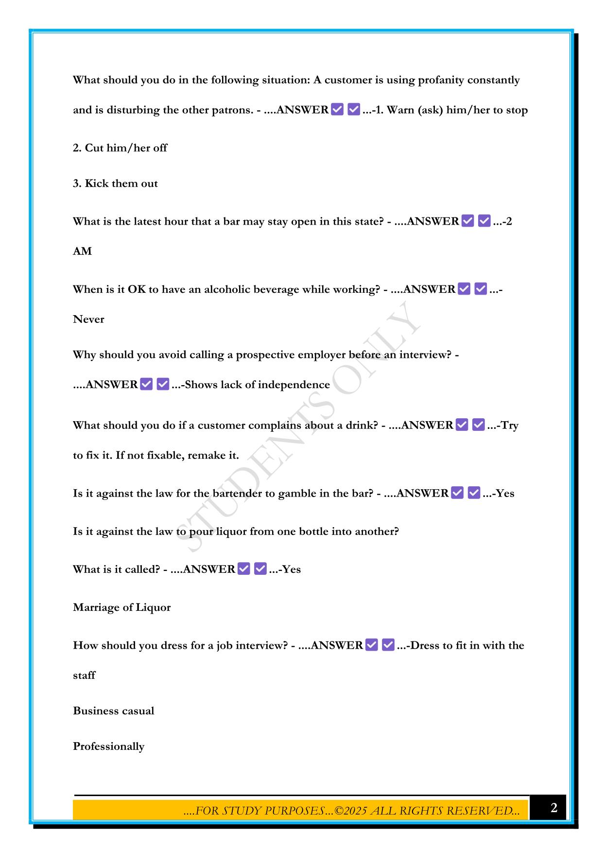 BARTENDER SCHOOL WRITTEN TEST – QUESTIONS WITH CORRECT ANSWERS