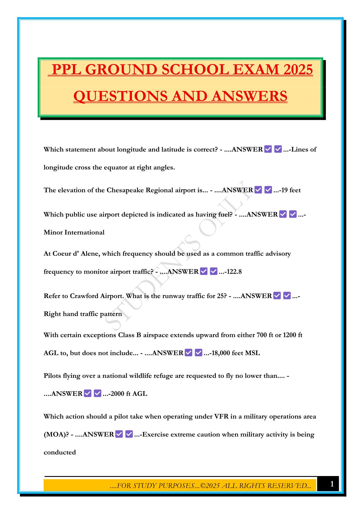 PPL GROUND SCHOOL EXAM 2025 QUESTIONS AND ANSWERS