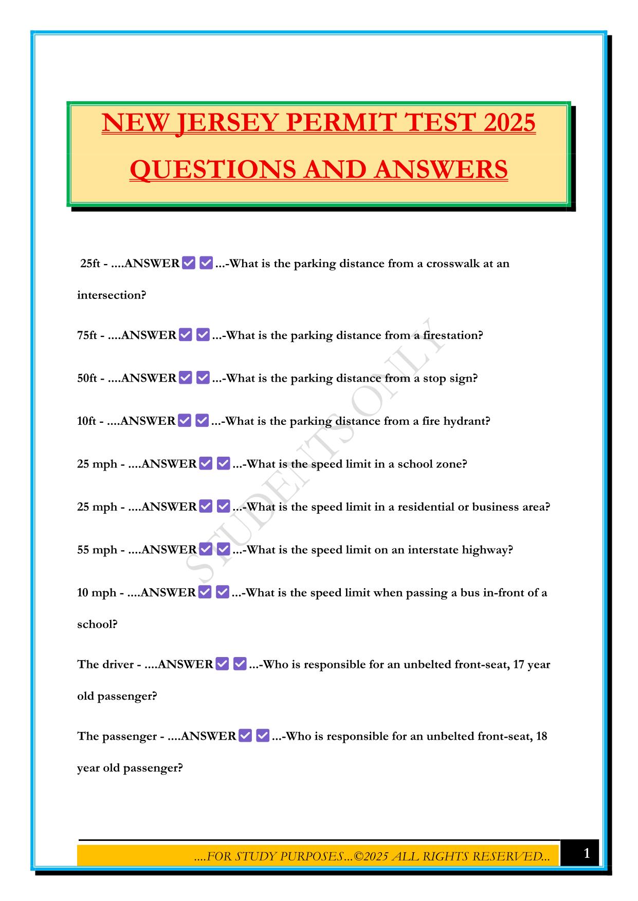 NEW JERSEY PERMIT TEST 2025 QUESTIONS AND ANSWERS